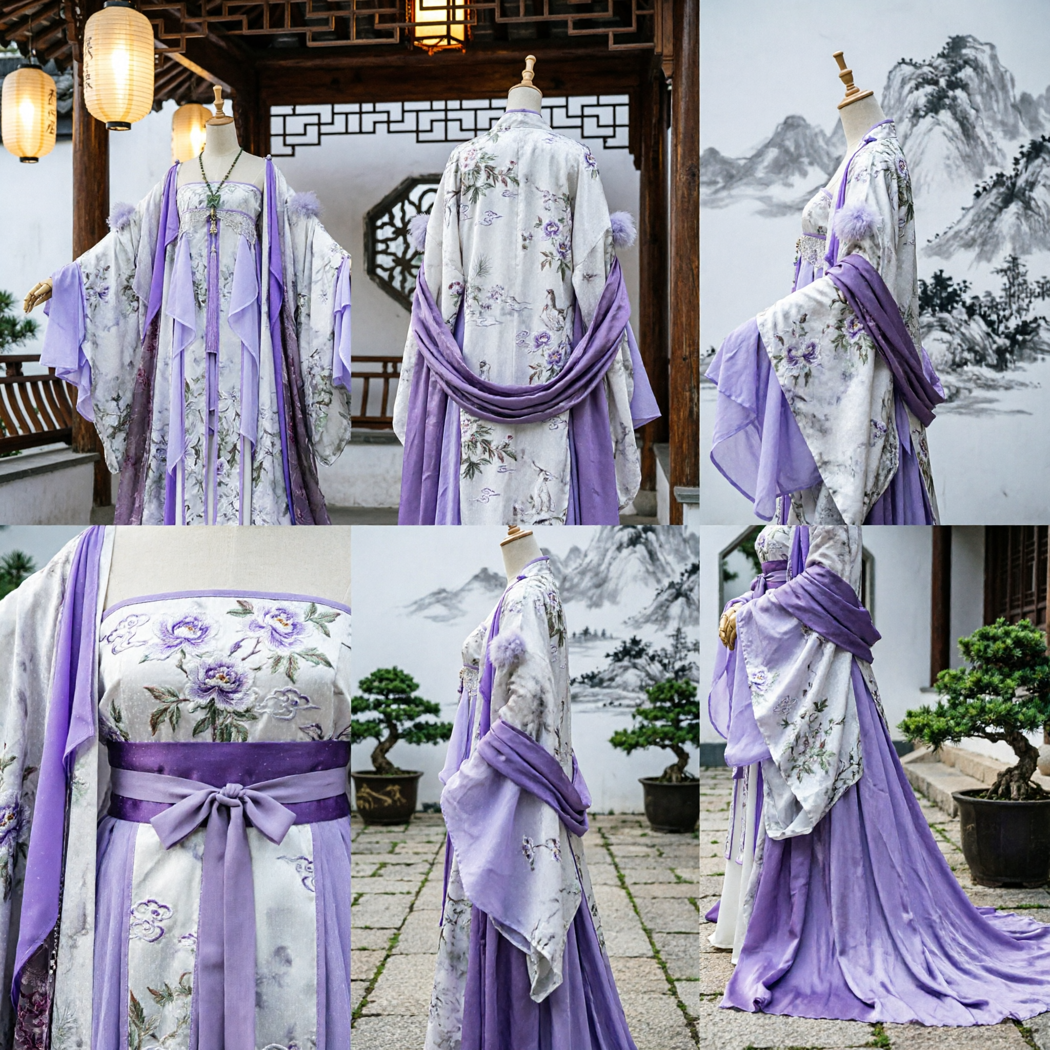 Traje Hanfu Chinês Tradicional Florido Roxo e Branco Elegante Vestuário da Dinastia Tang para Mulheres - Asian Costume