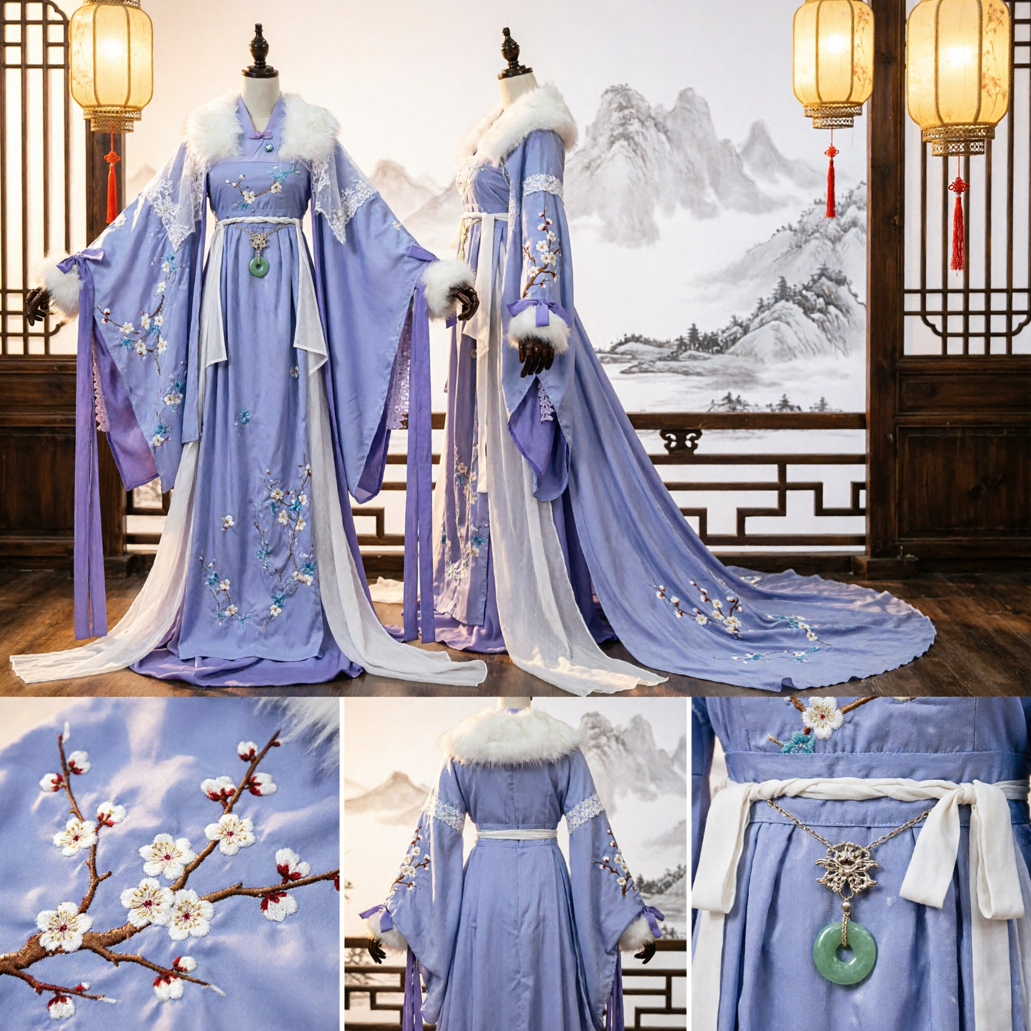 Elegante Hanfu Tradizionale Cinese Viola Ricamato Costume da Principessa Antico con Collo di Pelliccia per Donne Cosplay - Asian Costume