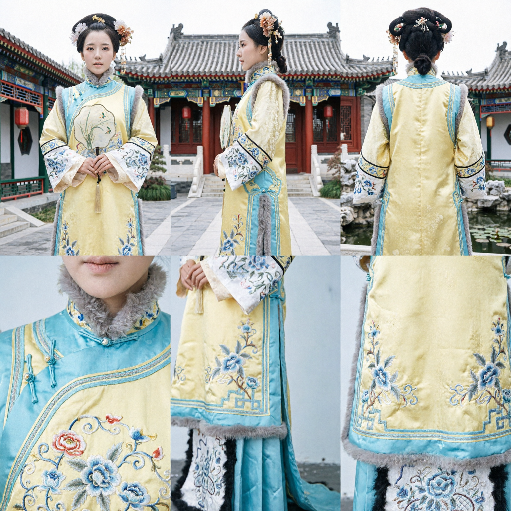 Costume traditionnel chinois de princesse de la dynastie Qing, robe mandchoue brodée jaune et bleue pour femmes et cosplay - Asian Costume