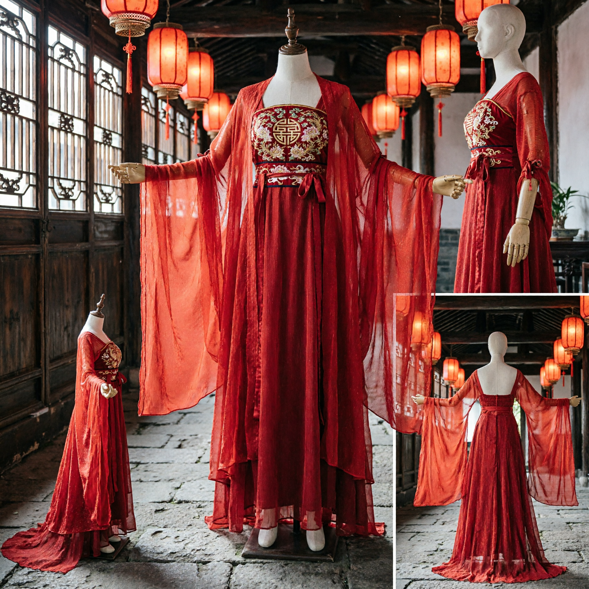 Traditionelles chinesisches rotes Hanfu-Kleid antikes Feenkostüm Bühnenauftritts-Outfit mit langen Ärmeln für Frauen - Asian Costume