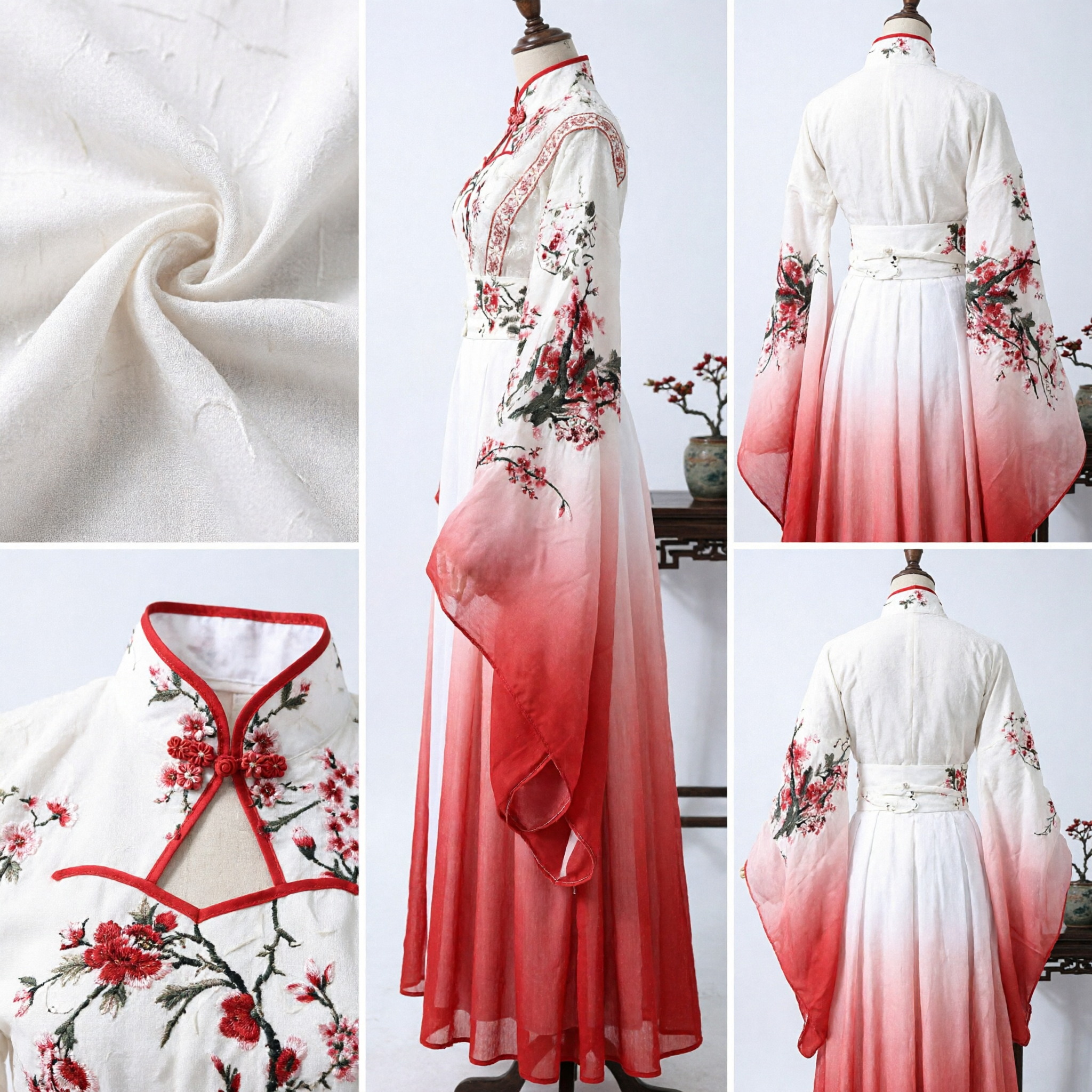 Costume traditionnel chinois Hanfu pour femmes robe ancienne fleur de prunier ensemble cosplay spectacle avec parapluie rouge - Asian Costume