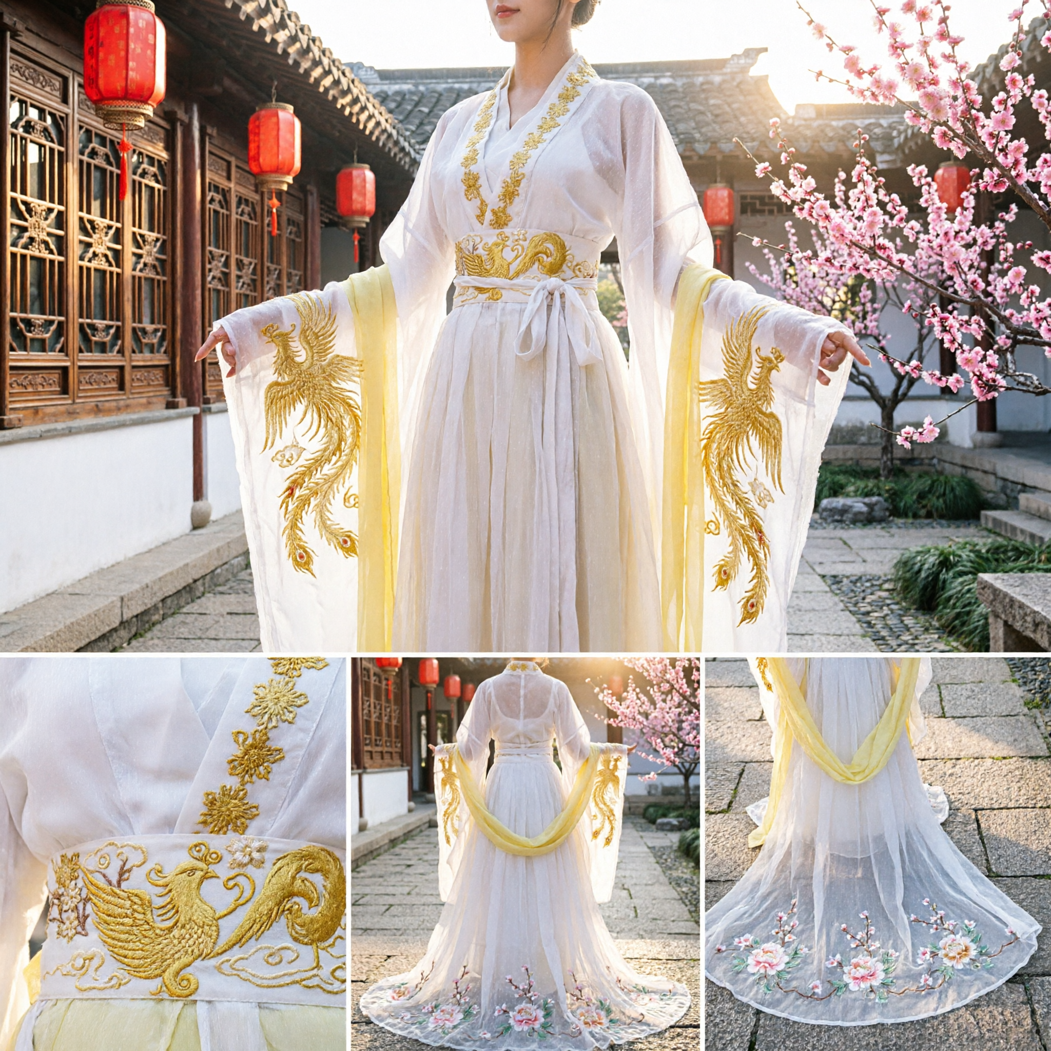 هانفو أصفر صيني أنيق - زي سيدة القصر القديم فستان تقليدي من عصر تانغ للنساء للتصوير والكوزبلاي - Asian Costume