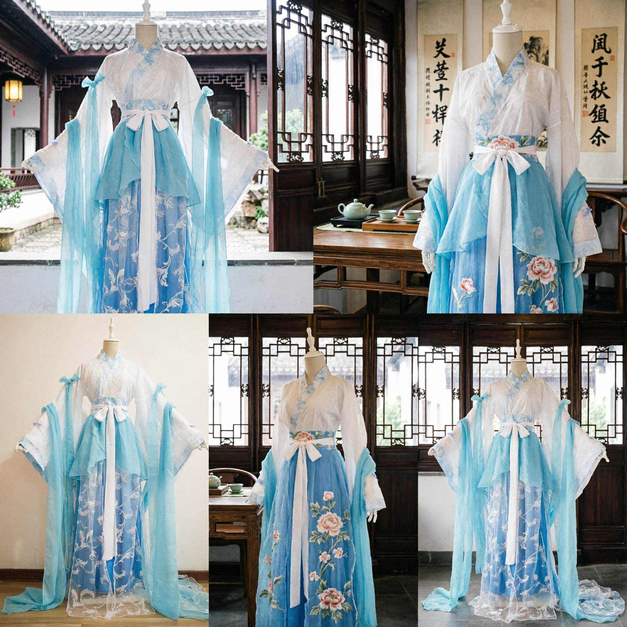 Hanfu Tradicional Chinês Vestido Bordado Gradiente Azul e Branco para Cosplay e Performance Feminina - Asian Costume