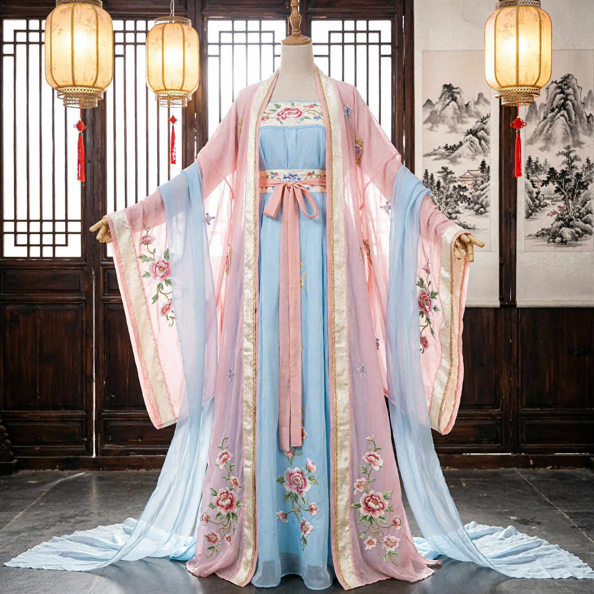 Hanfu traditionnel chinois costume ancien dynastie Tang pour femmes robe de fée brodée rose bleu pour cosplay - Asian Costume