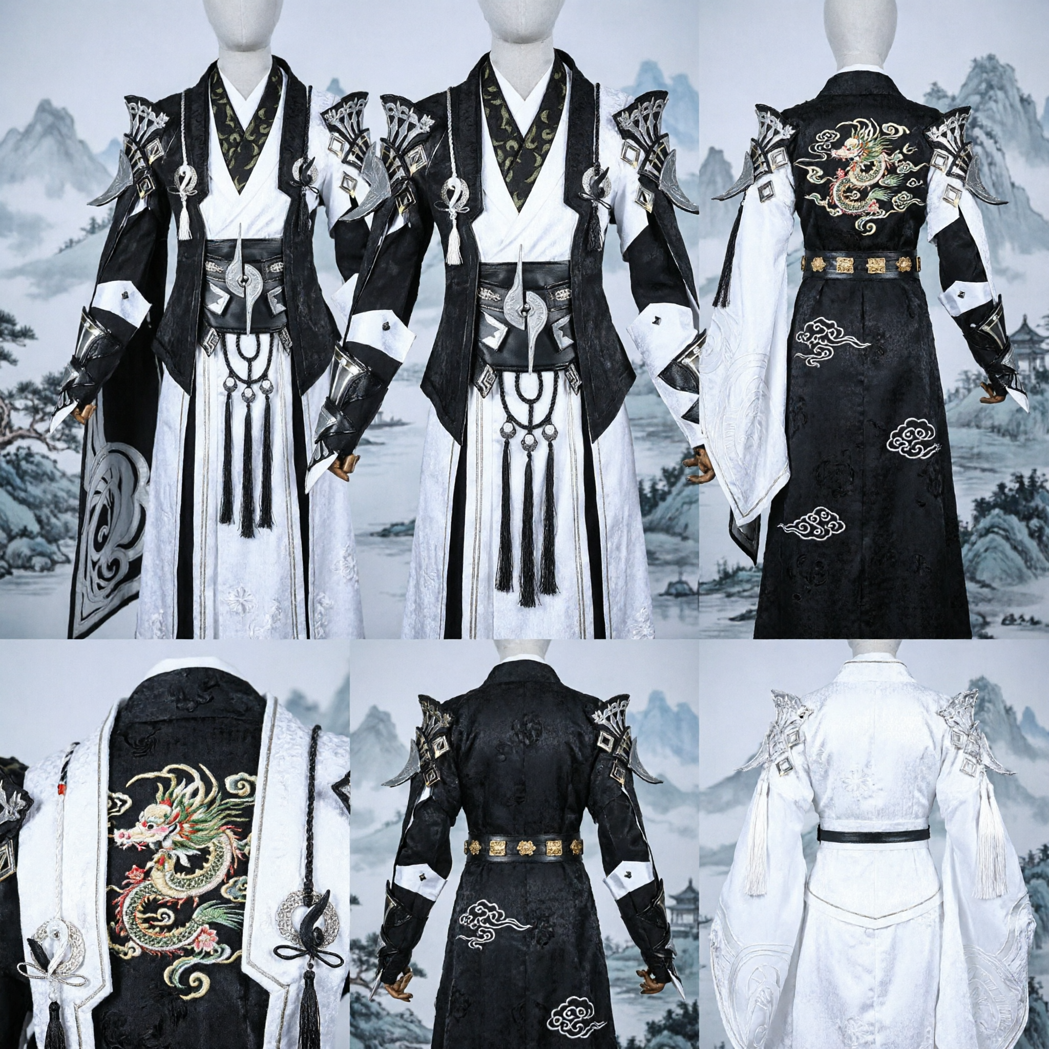 Mannen Chinees Traditioneel Oud Zwaardvechter Kostuum Zwart en Wit Hanfu Cosplay Outfit Wuxia Ridder Gewaad - Asian Costume