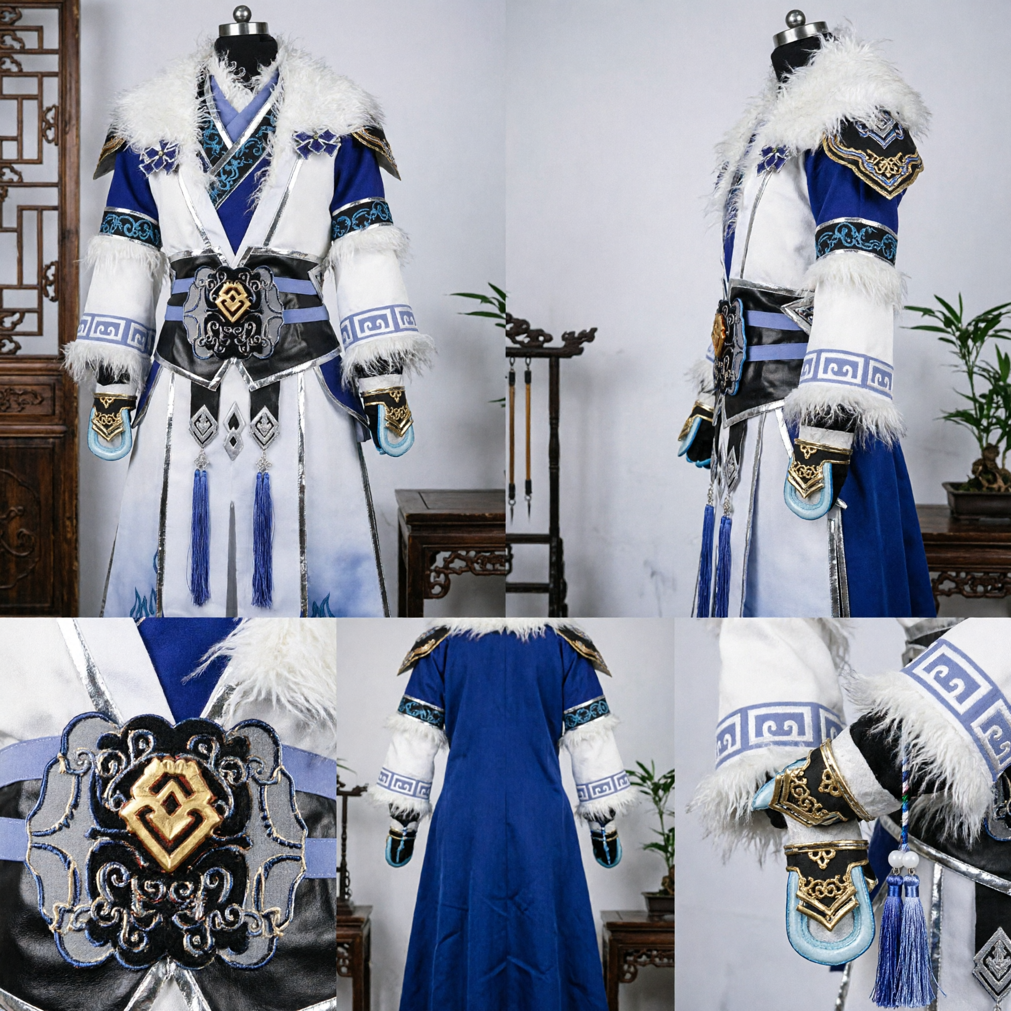 Oud Chinees Wuxia Zwaardvechter Hanfu Kostuum Blauw Wit Geborduurd Gewaad met Bontafwerking voor Mannen Cosplay - Asian Costume