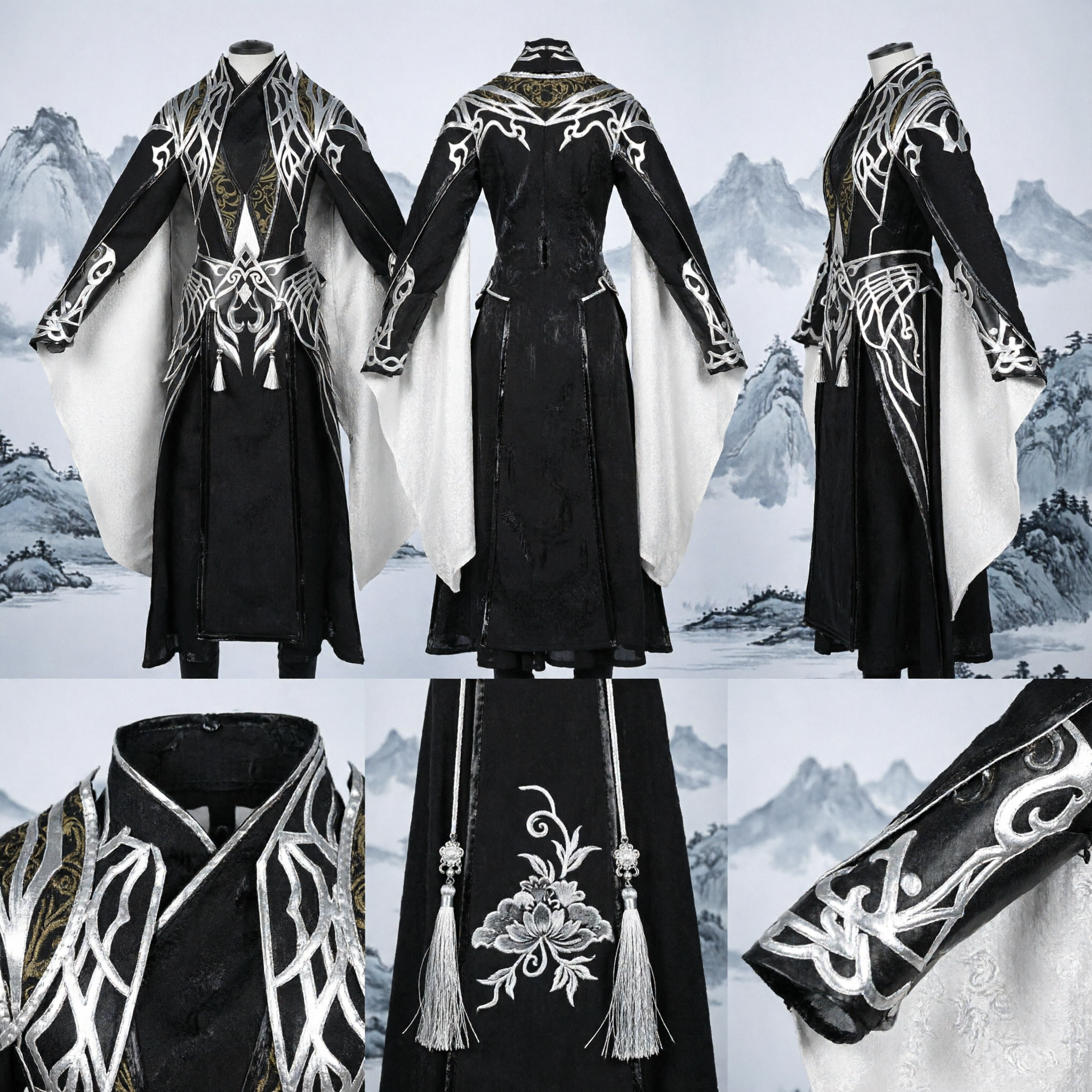 Costume Hanfu Traditionnel Chinois pour Hommes - Tenue d'Épéiste Wuxia Noire avec Broderie Argentée pour Cosplay et Spectacle - Asian Costume