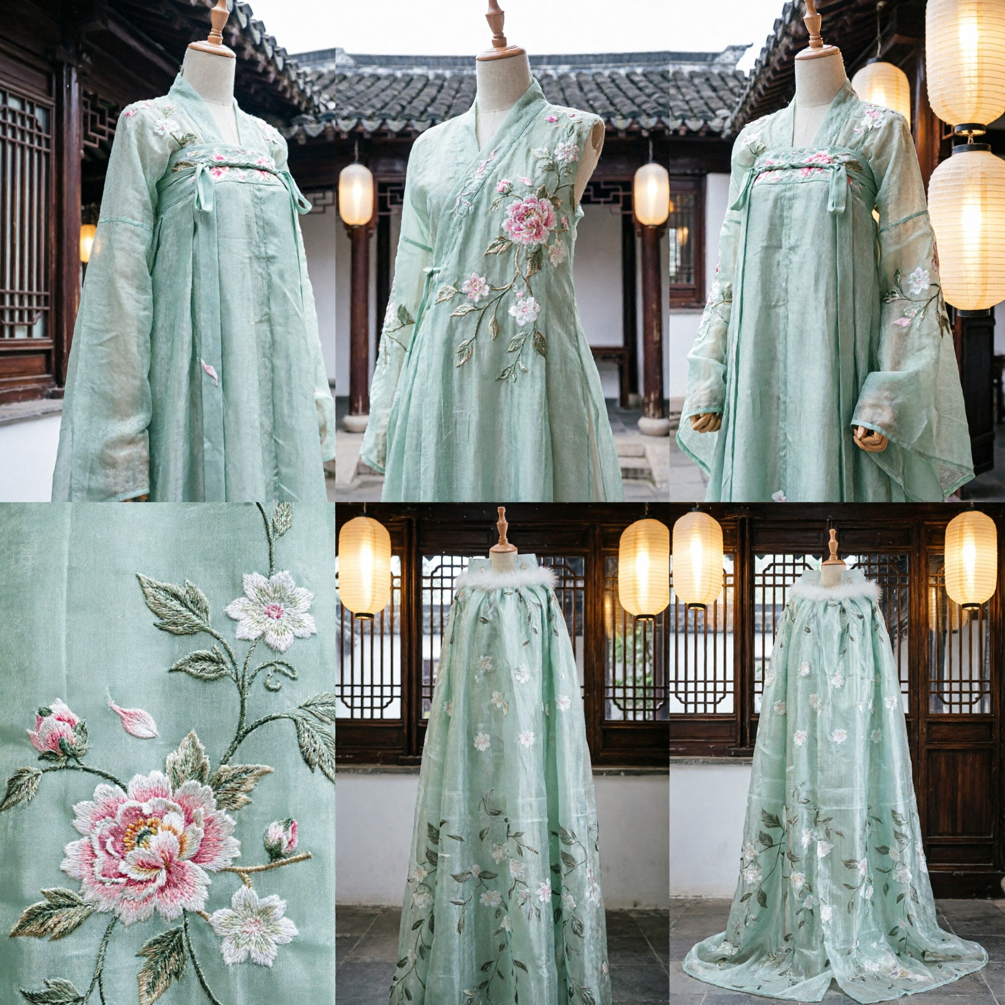 Elegant Traditional Chinese Hanfu Mint Green Cloak with White Fur Collar and Floral Embroidery for Women - Asian Costume