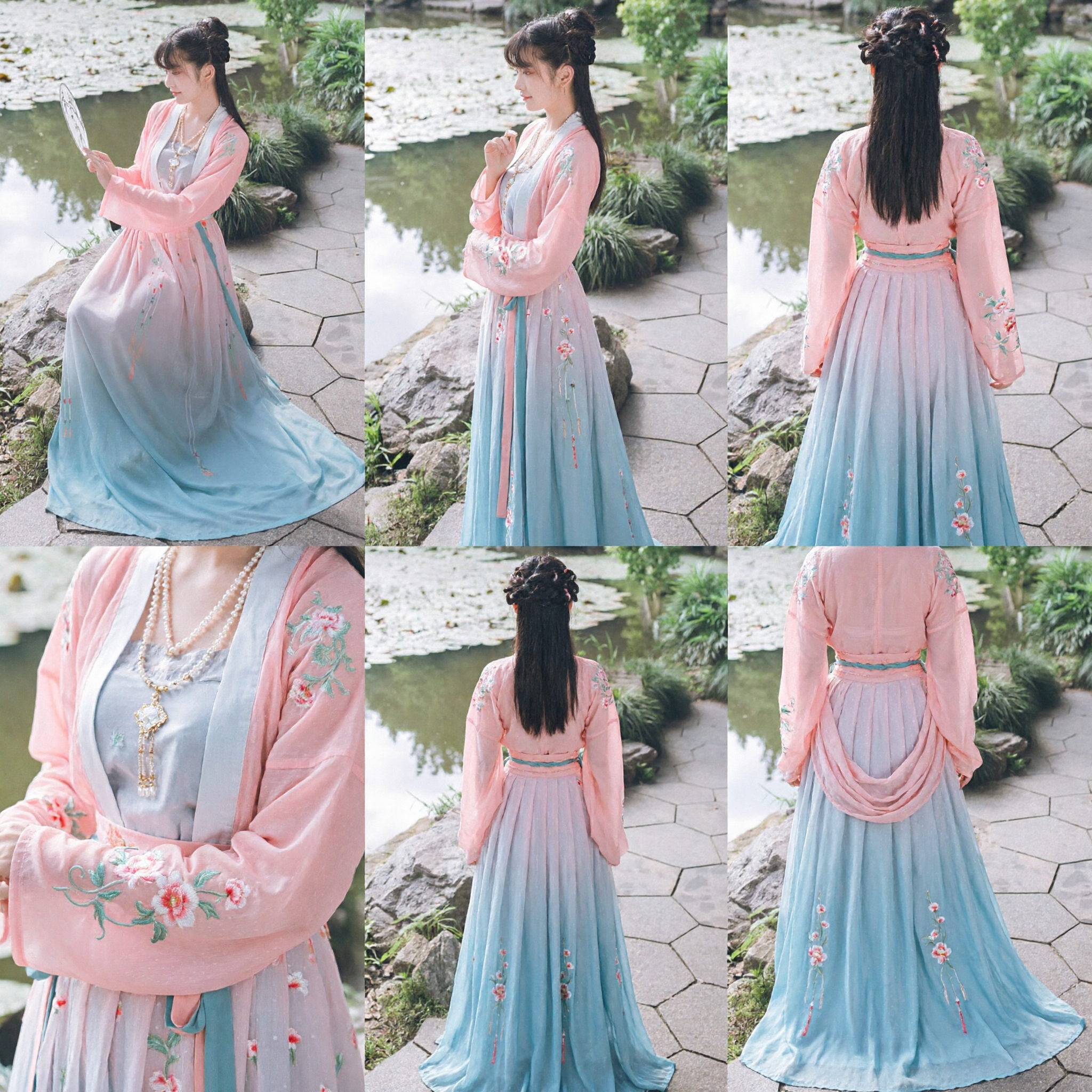 Abito Hanfu Cinese Antico per Donne, Vestito a Sfumature Rosa e Blu, Costume Tradizionale della Dinastia Tang per Fotografie ed Eventi - Asian Costume