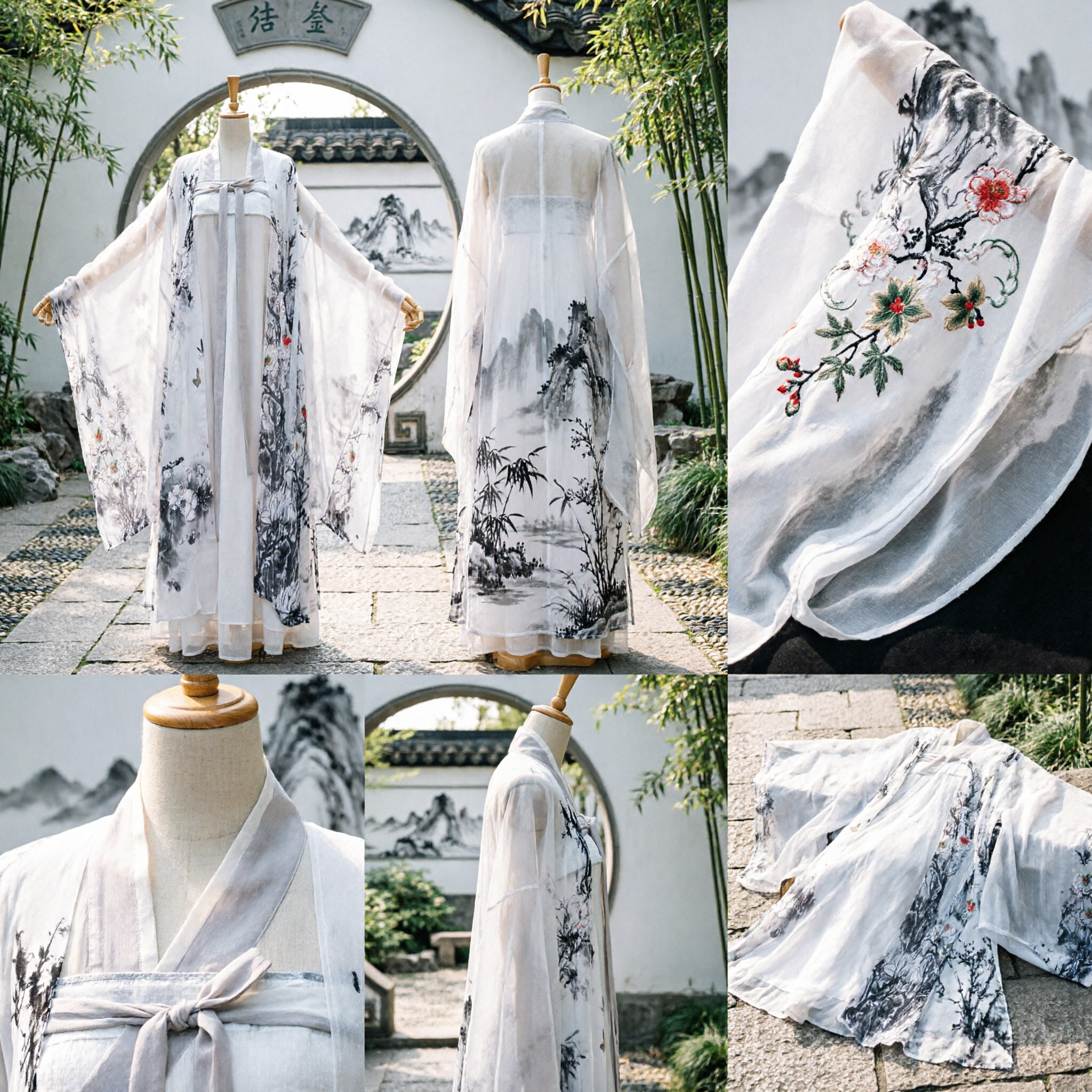 Veste Externa Tradicional Chinesa Hanfu Estilo Dinastia Song em Chiffon Branco com Estampa de Pintura em Nanquim para Mulheres - Asian Costume
