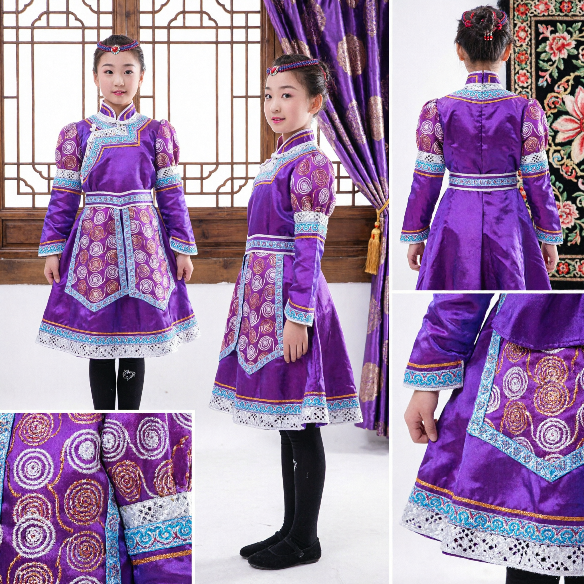 Traditional Chinese Mongolian Dance Costume Purple Ethnic Minority Folk Dress for Girls Performance Stage Wear - Asian Costume