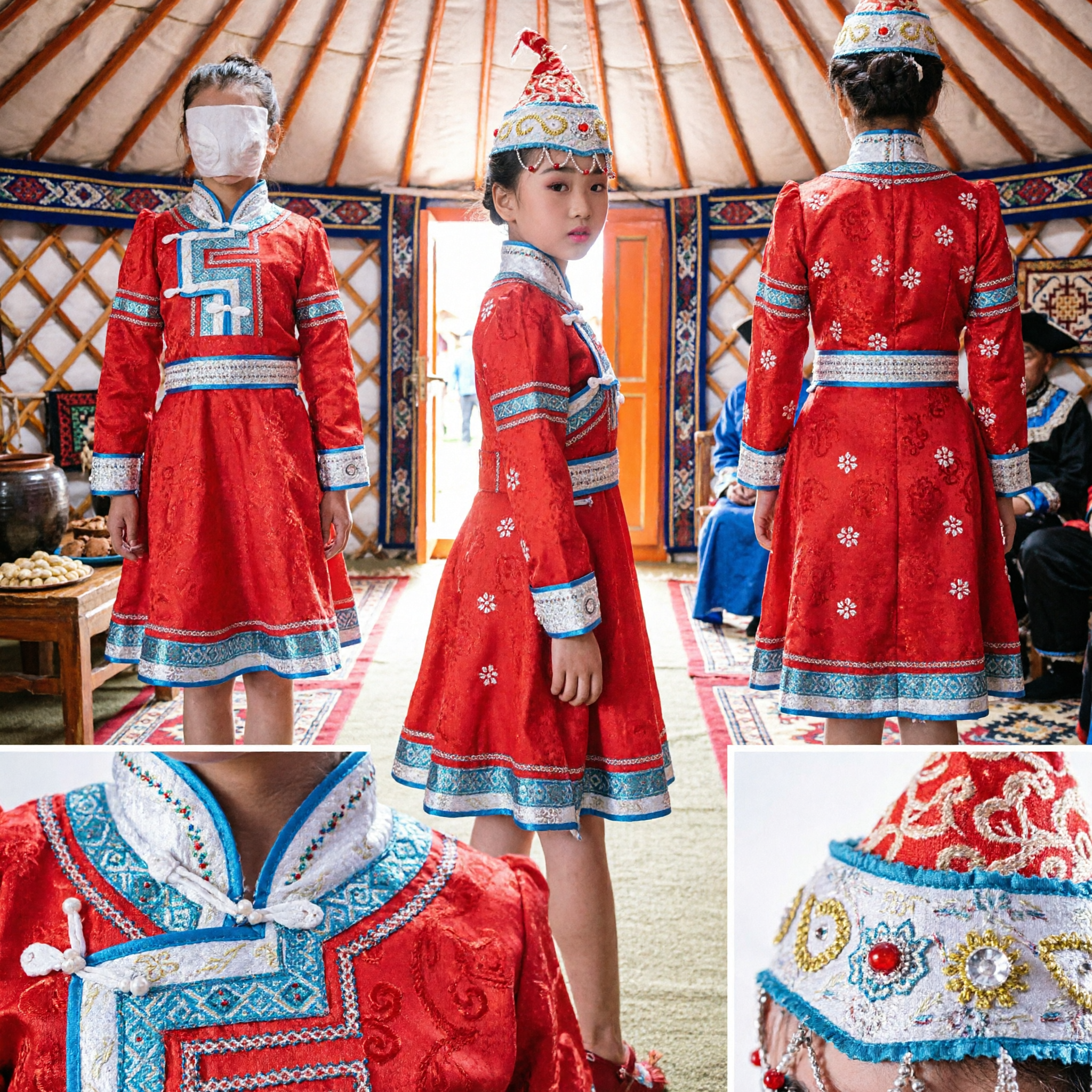 Vestido Vermelho Étnico Mongol para Crianças Traje Tradicional para Apresentação de Dança Infantil com Chapéu Bordado - Asian Costume