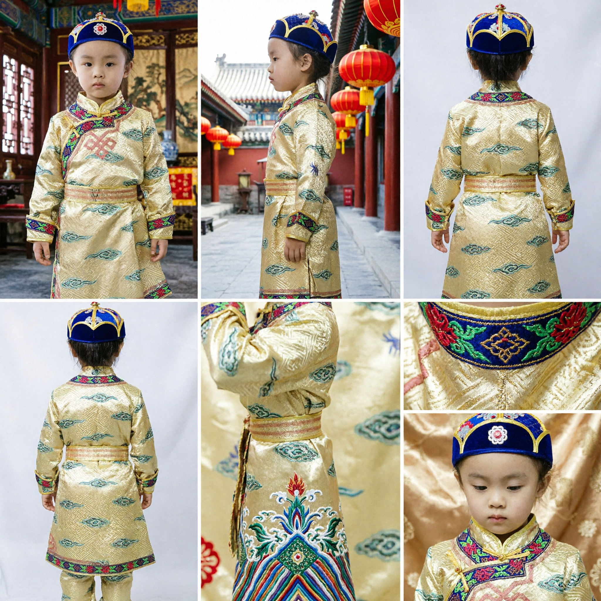 Costume Tradizionale Cinese per Bambini in Oro Tang Suit con Ricami per Spettacoli del Nuovo Anno Lunare - Asian Costume