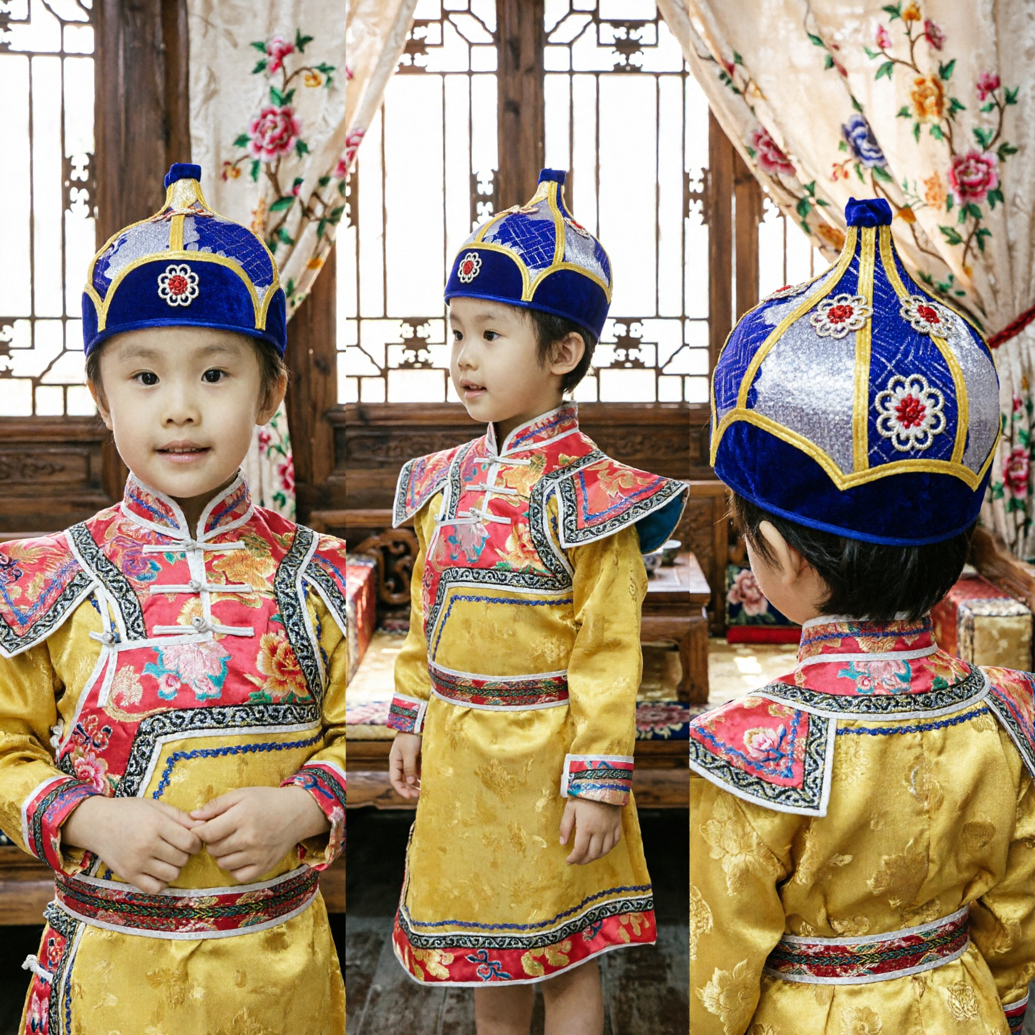 Traje Étnico Tradicional Mongol para Meninos Conjunto de Robe e Chapéu Amarelos para Apresentação de Dança Infantil - Asian Costume