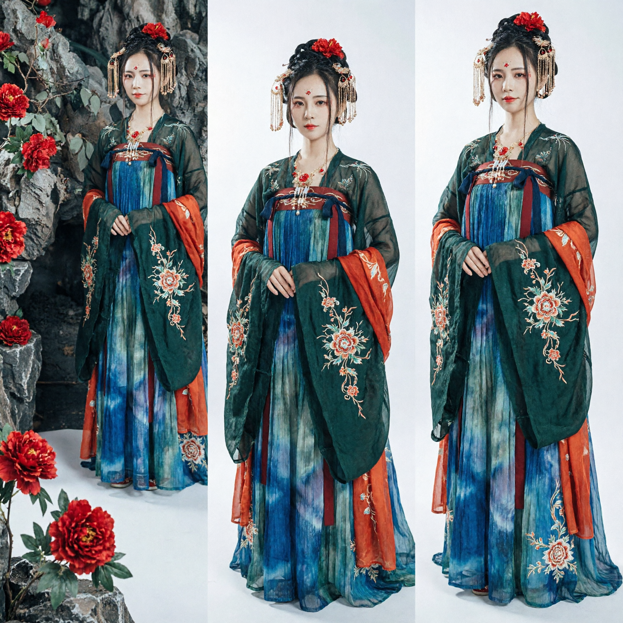 Traje Antigo Tradicional Chinês Hanfu Elegante em Gradiente Azul com Robe Vermelho para Cosplay de Princesa Feminina - Asian Costume