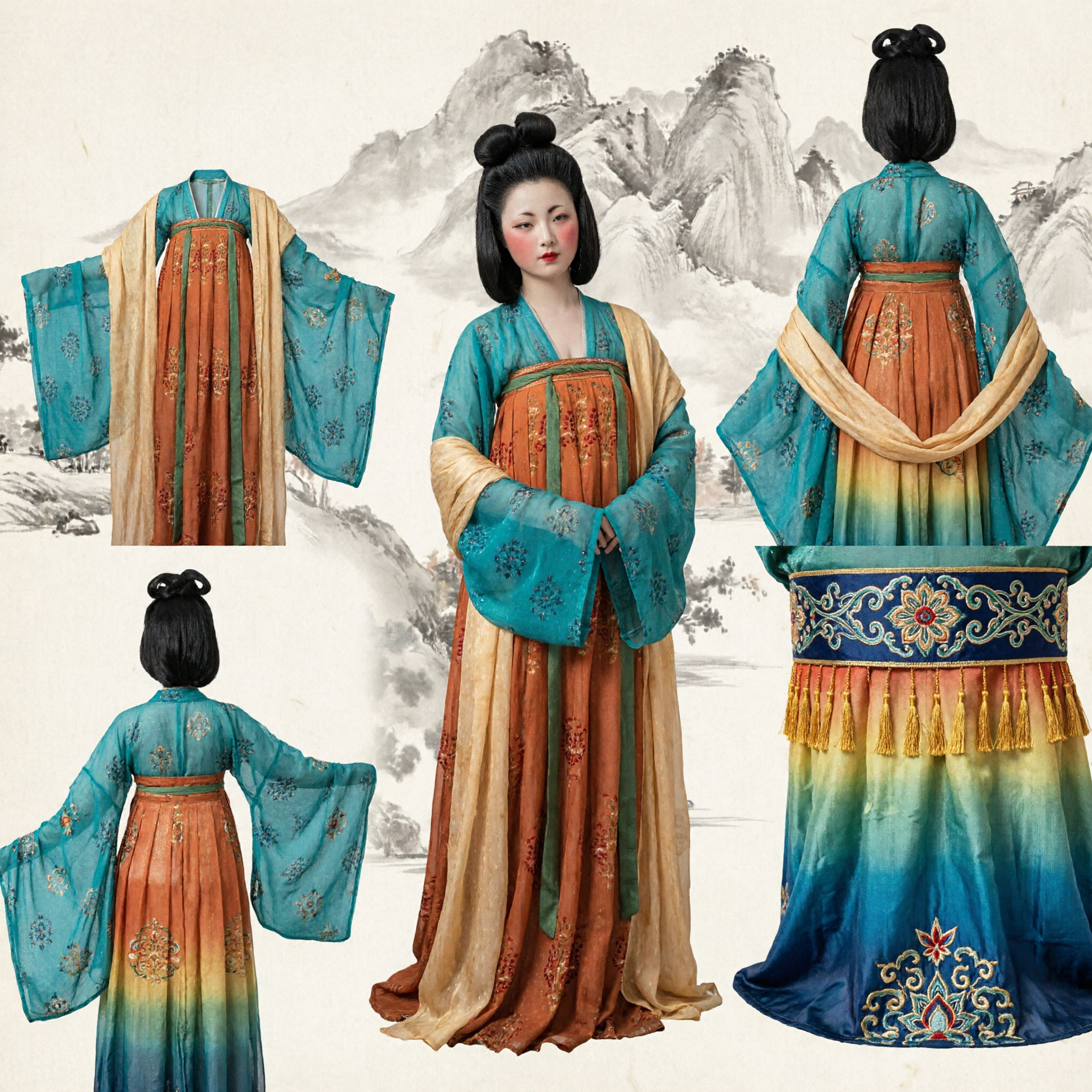 Traje de Palácio Antigo Hanfu Tradicional Chinês Dinastia Tang Vestido Elegante Laranja e Verde-azulado para Mulheres - Asian Costume