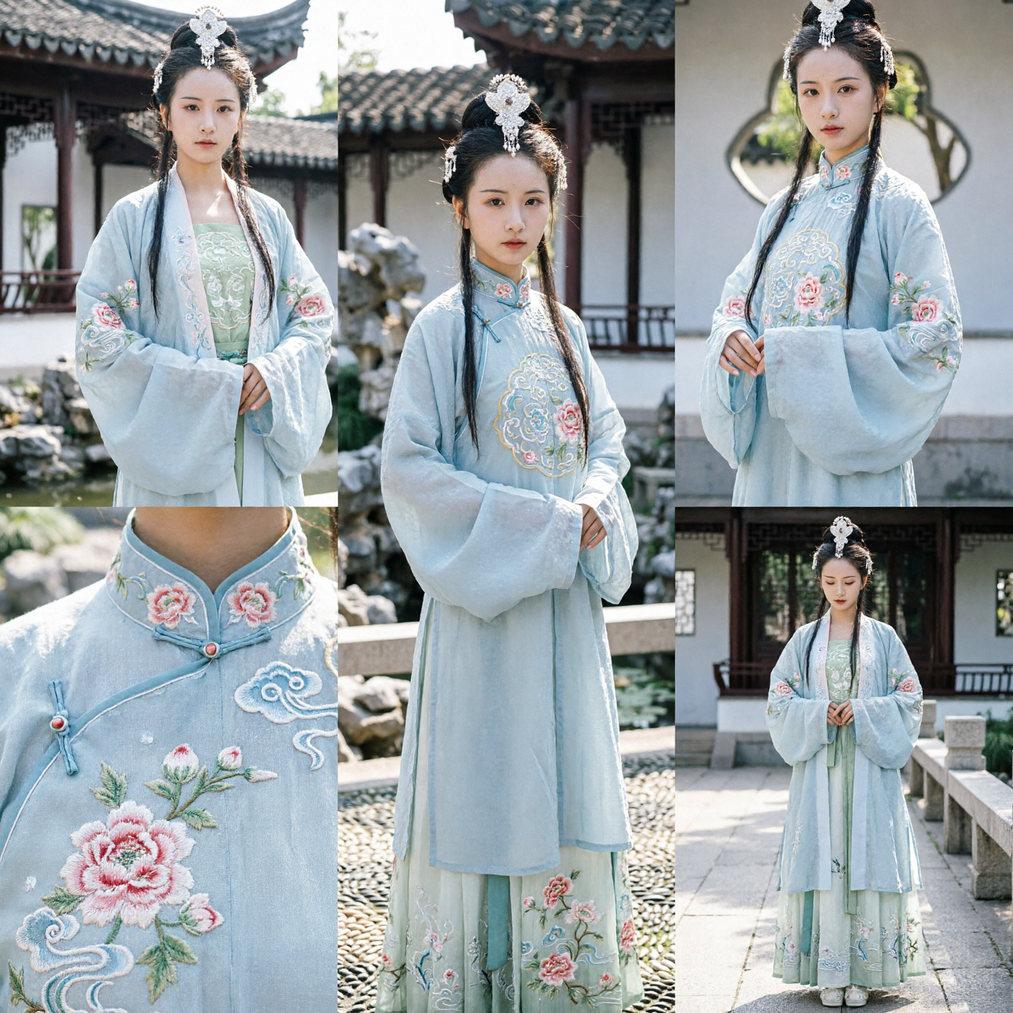Elegant Blue Song Dynasty Hanfu Traditional Chinese Costume Embroidered Ruqun Dress for Women Ancient Fairy Style - Asian Costume