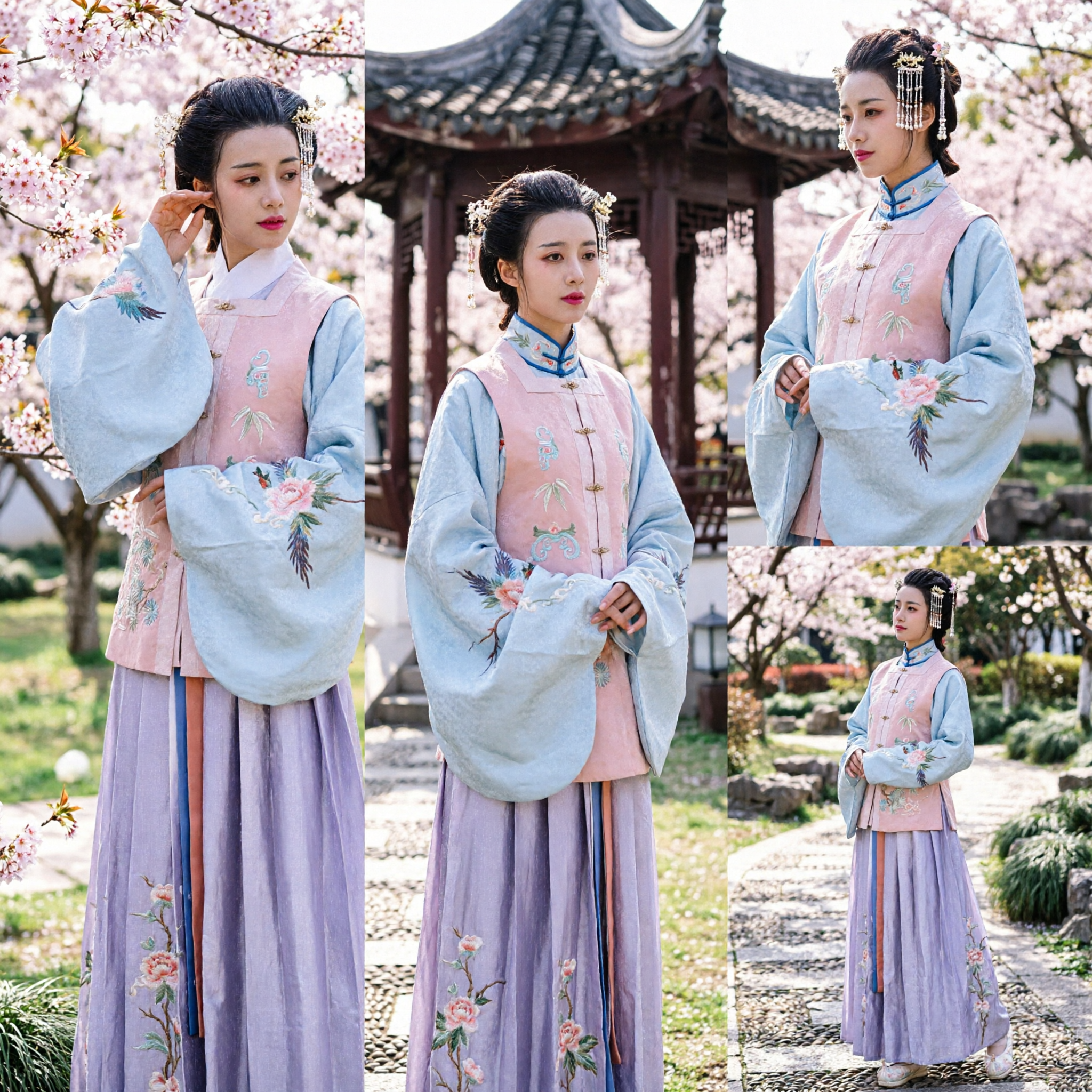 Traditional Korean Hanbok Dress for Women Pink and Blue Embroidery Wedding Ceremony Photoshoot Costume - Asian Costume