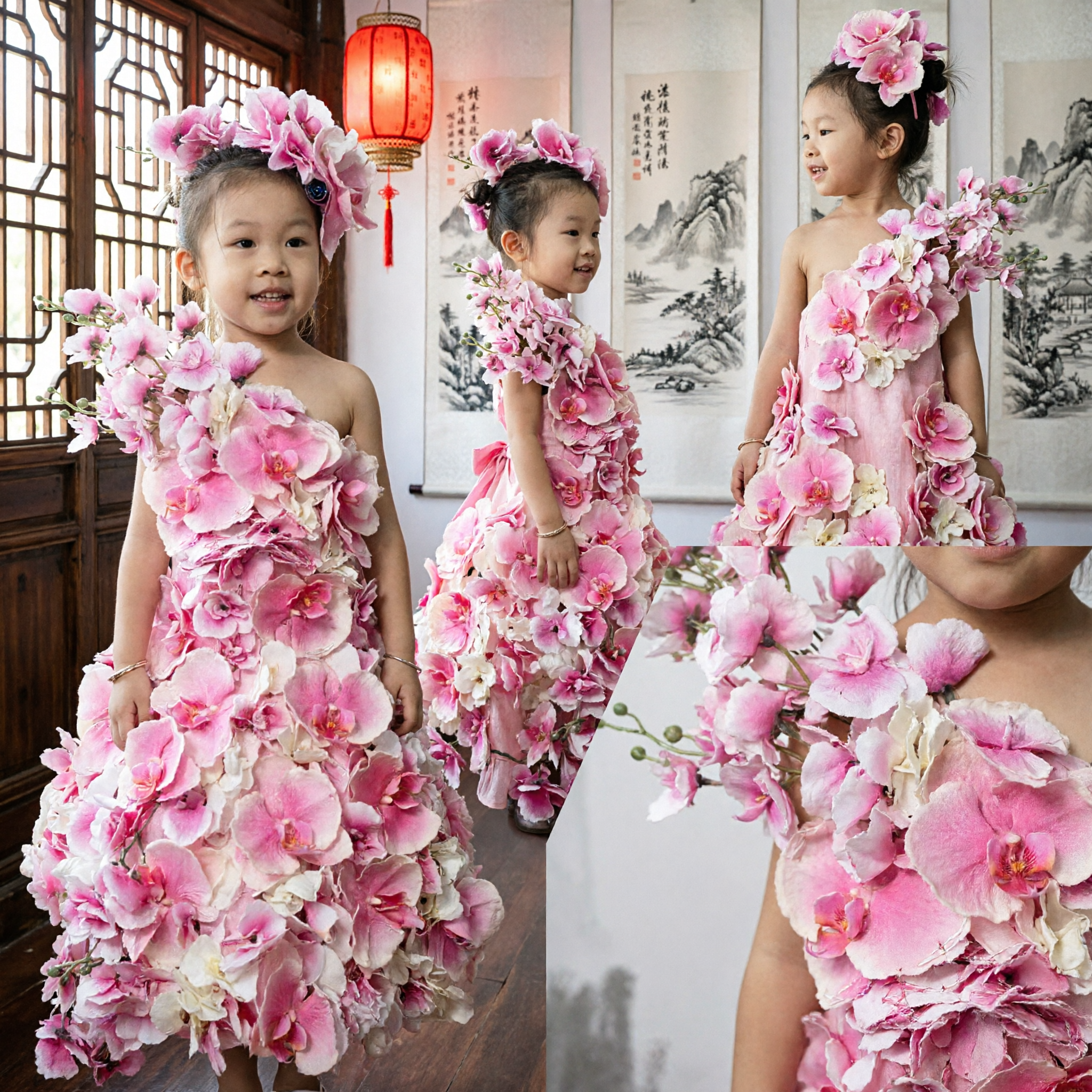 Vestido de Niña con Flores de Orquídea Rosa Traje para Actuaciones en Escenario Toga con Tocado Floral a Juego para Niñas - Asian Costume