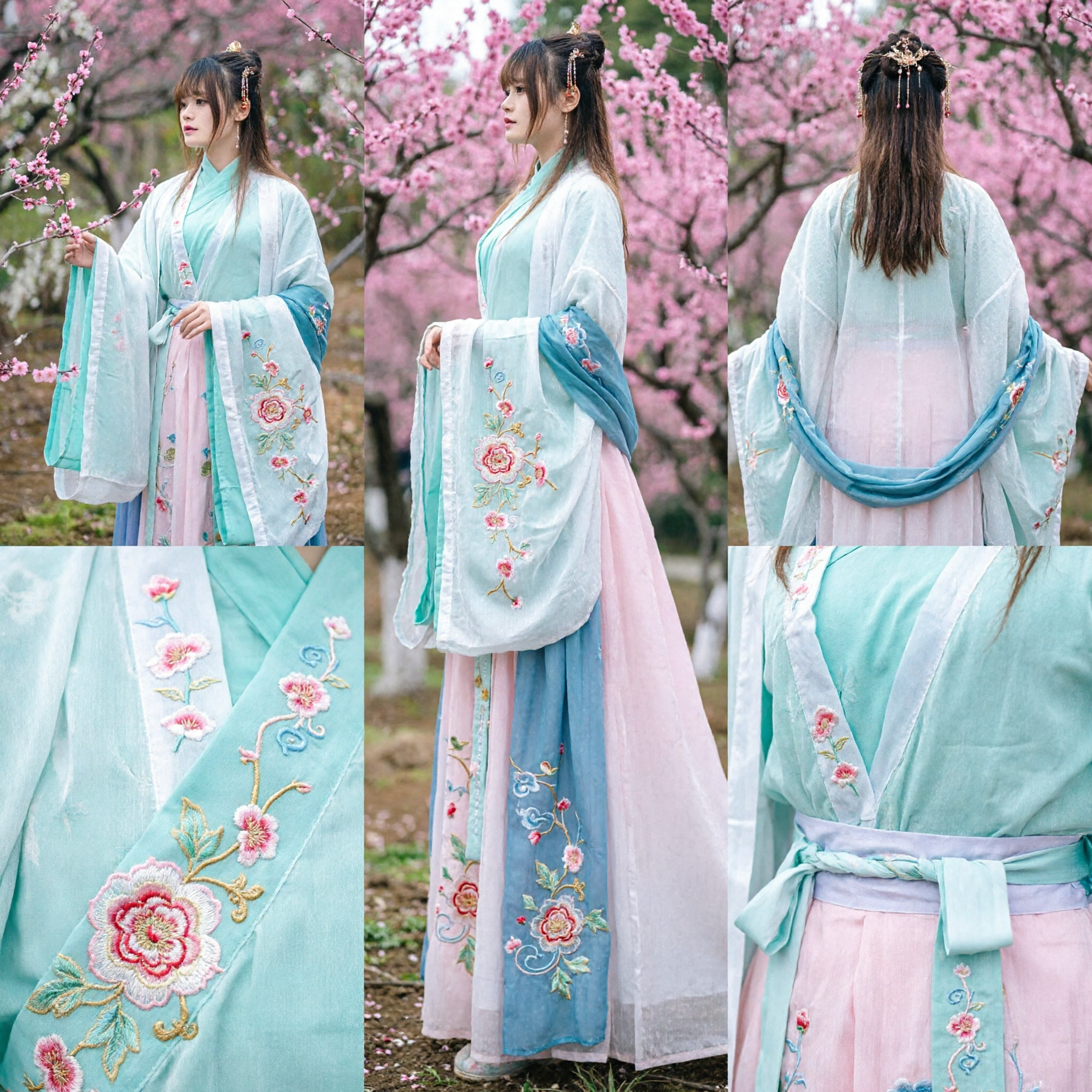 정교한 연청록색 한푸 전통 중국 고대 여성 의상 요정 코스튬 봄 사진 촬영 - Asian Costume