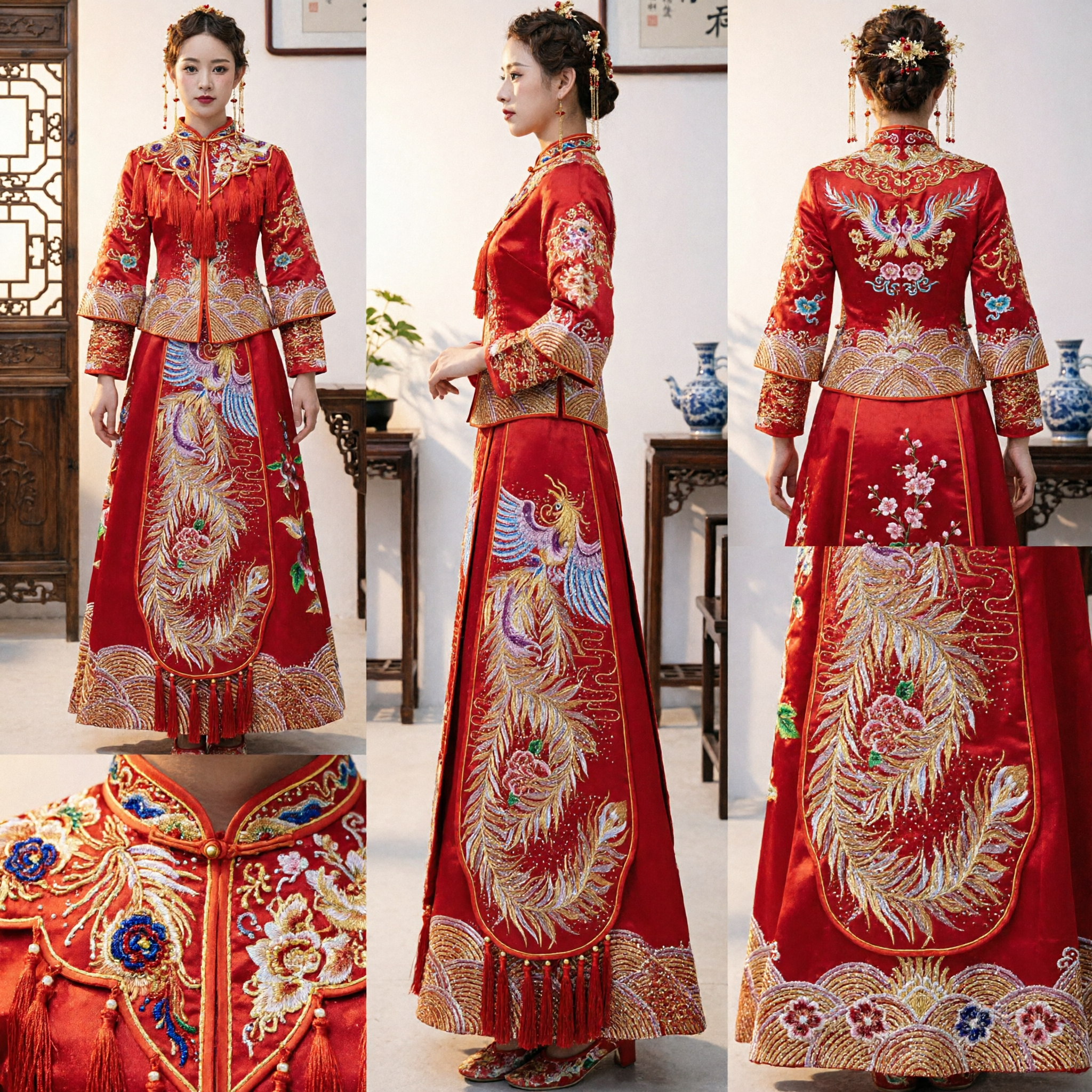 Abito da Sposa Cinese Tradizionale Rosso Xiu He Fu con Ricamo Fenice Dorata per Sposa Cerimonia del Tè - Asian Costume