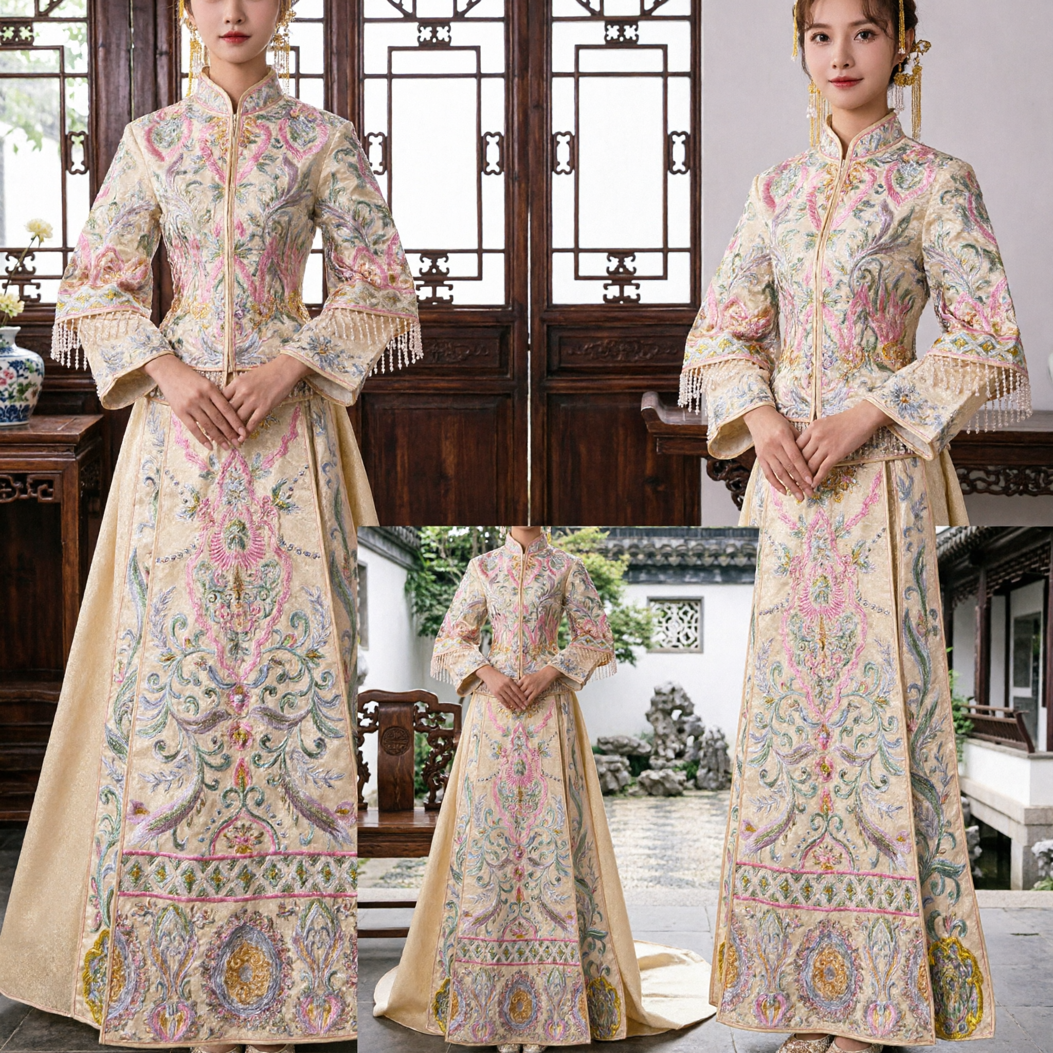 Elegante Traje Xiuhe Champagne, Vestido de Boda Tradicional Chino con Falda Larga Bordada, para la Novia en Ceremonia del Té - Asian Costume