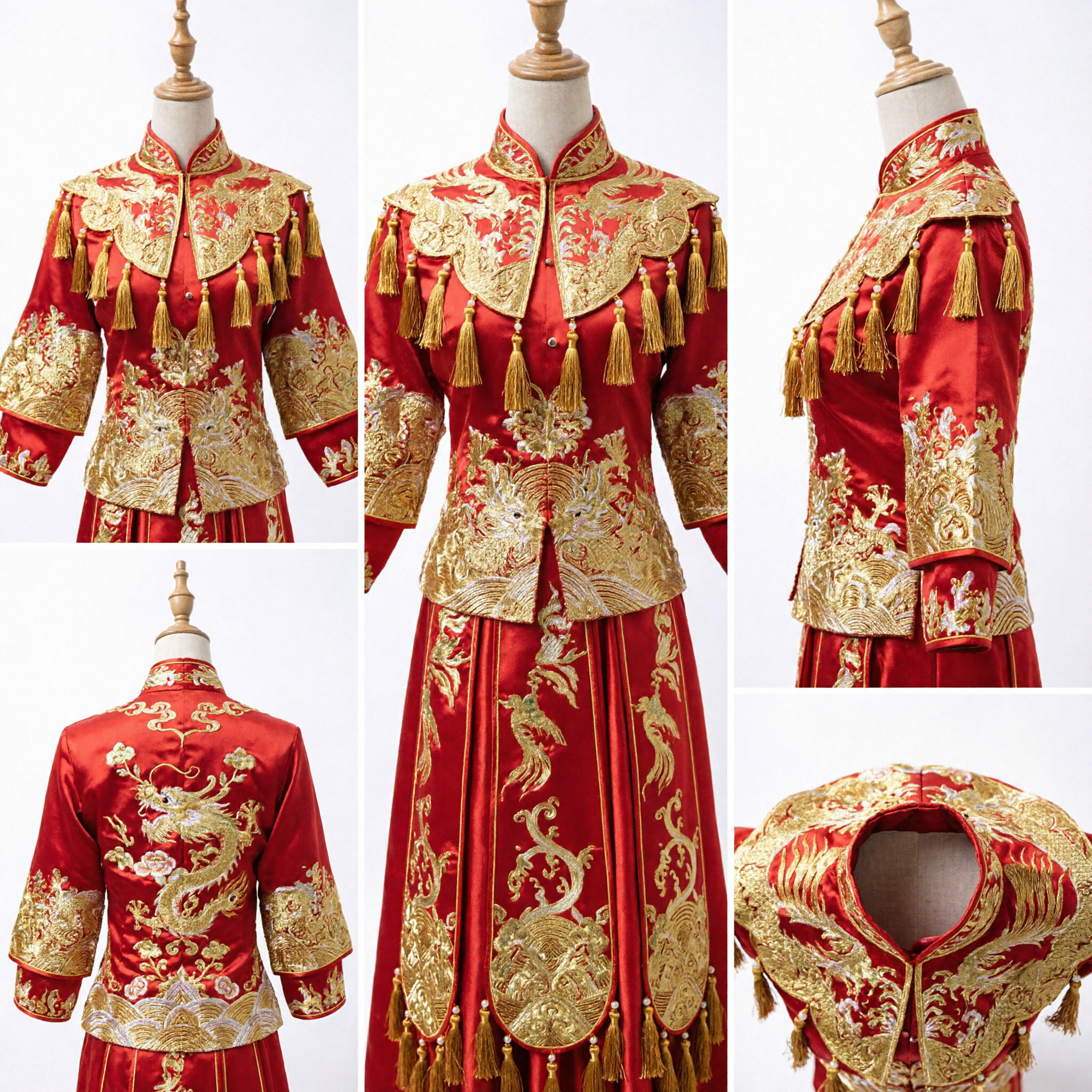 Traditionelles chinesisches Hochzeitskleid, roter Xiuhe-Anzug, goldbesticktes Brautkleid mit Quasten für die Zeremonie - Asian Costume