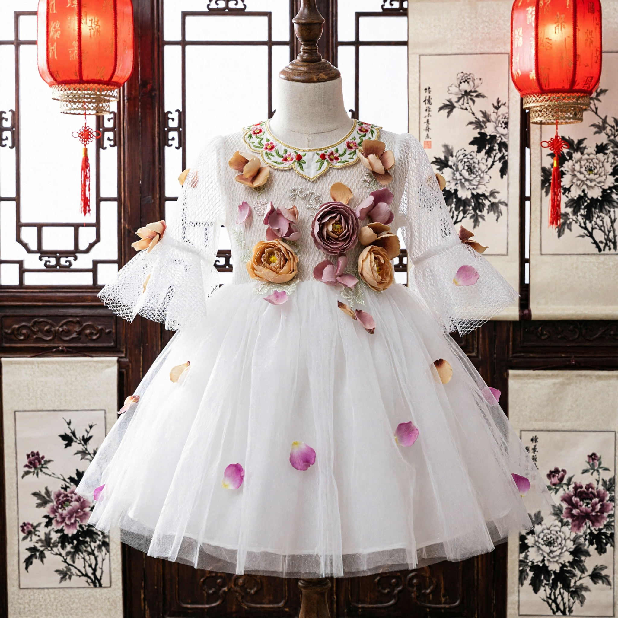 Elegante Meisjes Witte Tule Jur met 3D Bloemen Applikaties Lange Mouw Bruiloft Bloemenmeisje Jur - Asian Costume