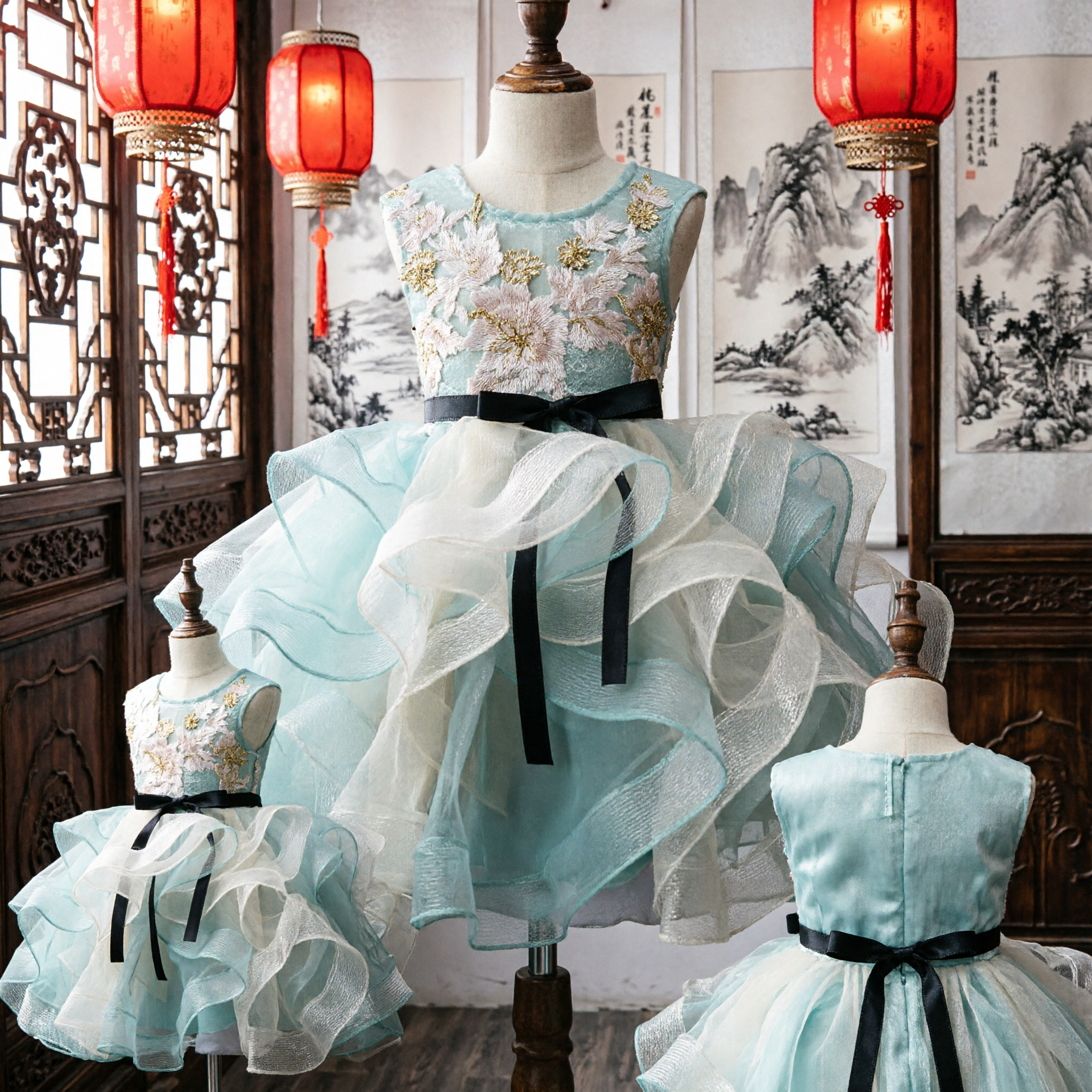 Abito Tutù Cheongsam Blu Floreale per Bambine Costume per Spettacoli di Danza Tradizionale Cinese Completo da Principessa per Feste - Asian Costume