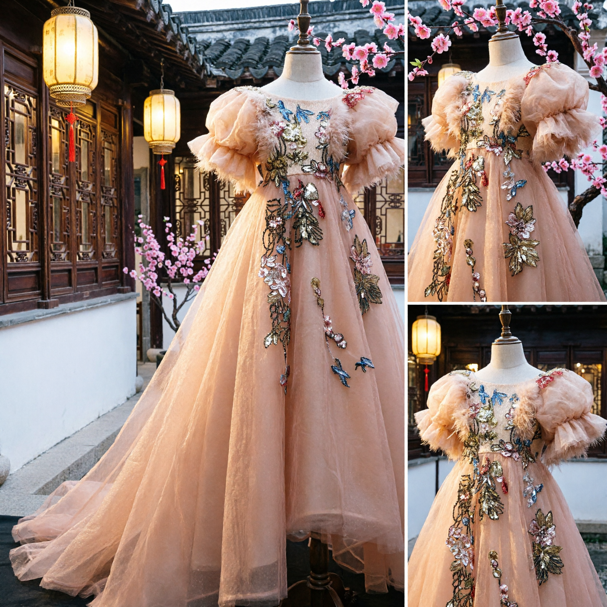 Elegante Abito da Principessa Color Champagne per Ragazze Abito Lungo in Tulle per Damigella con Ricami Floreali e Maniche a Sbuffo - Asian Costume