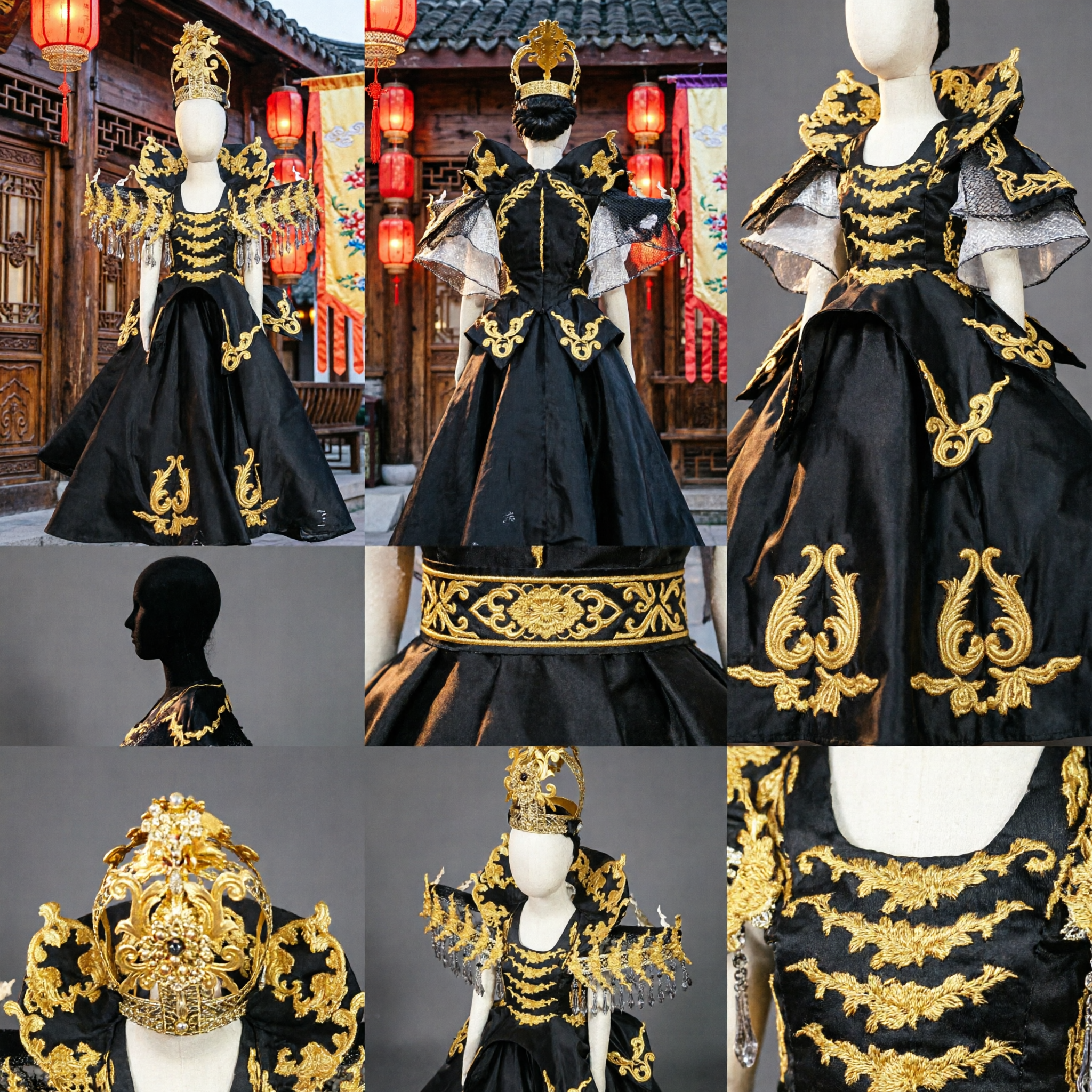 Traditionelles chinesisches schwarz-goldenes antikes Königin-Kaiserin-Kostümkleid mit Krone für Bühnenaufführungs-Tanz - Asian Costume