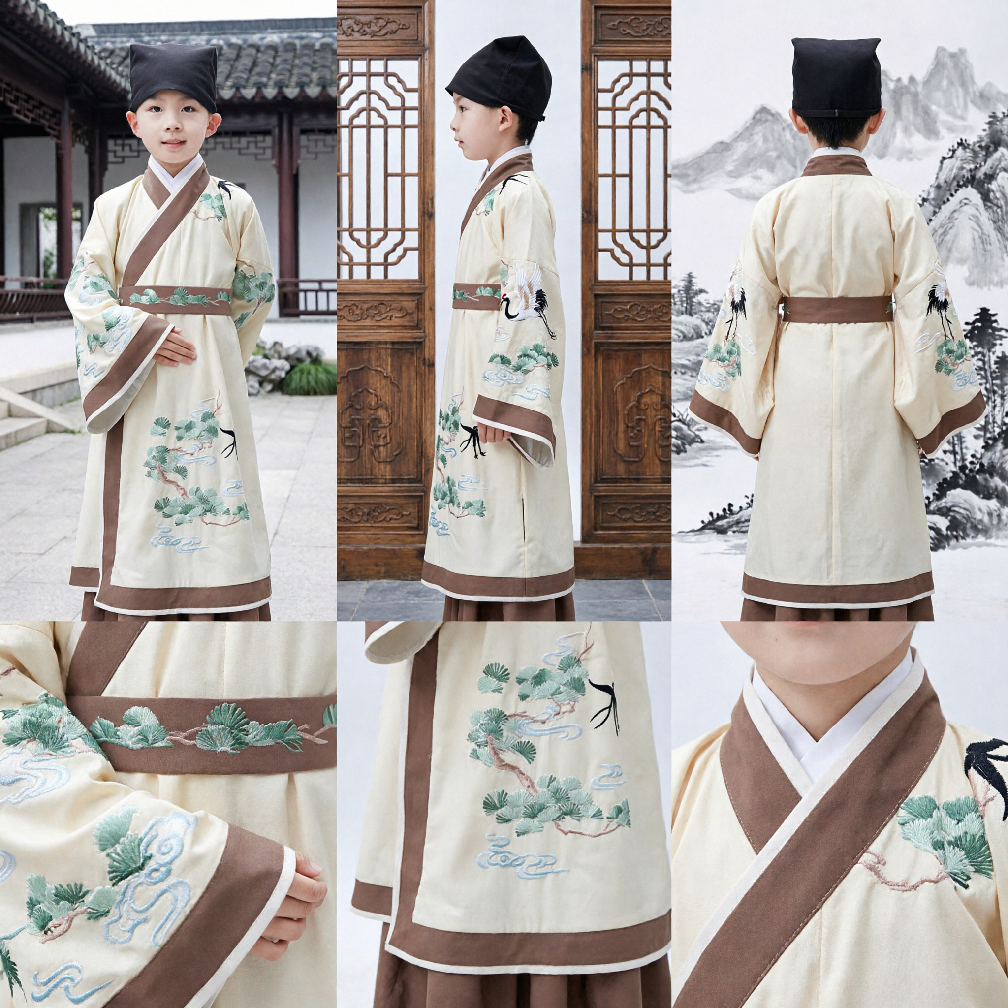 Traje Tradicional Chinês Hanfu para Meninos Robe Antigo de Estudioso Creme com Bordado Roupa para Crianças - Asian Costume