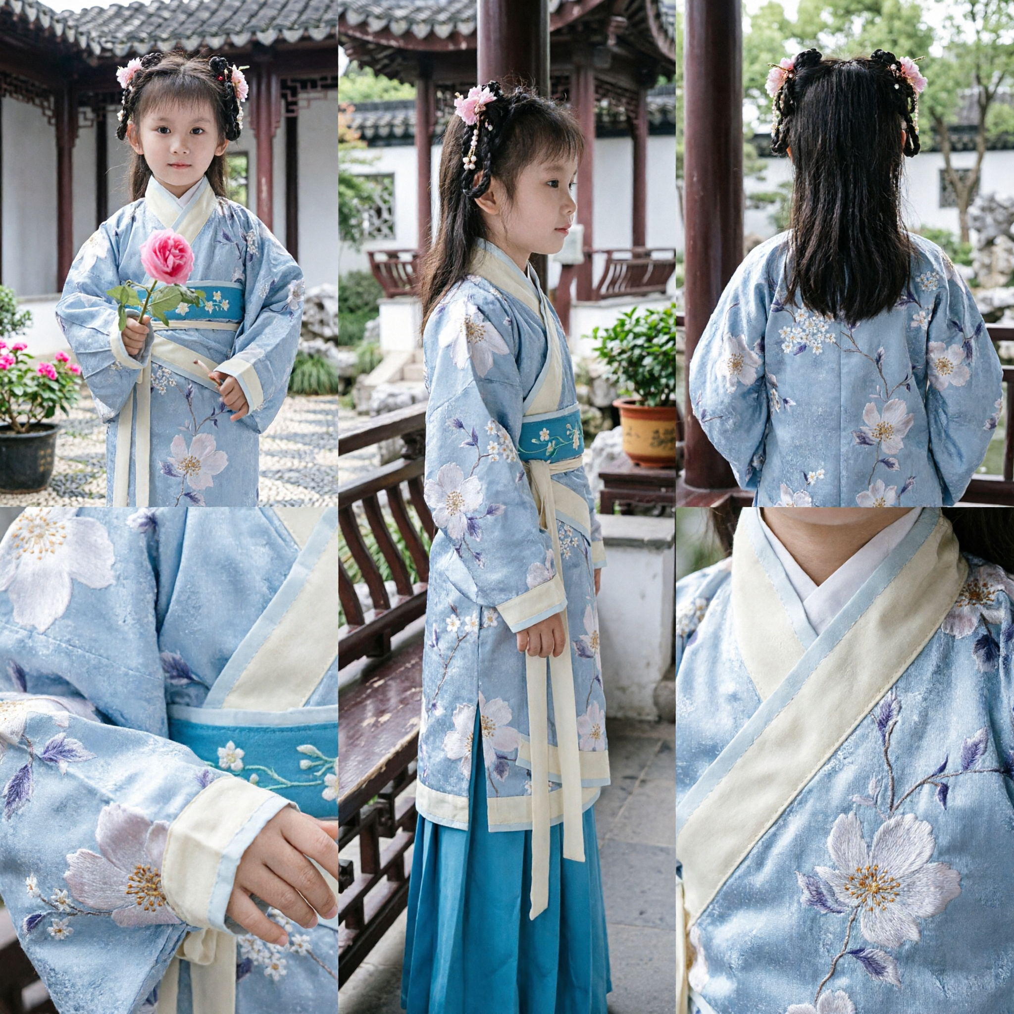 Kids Girls Traditional Chinese Hanfu Costume Blue Floral Ancient Princess Dress for Performance - Asian Costume