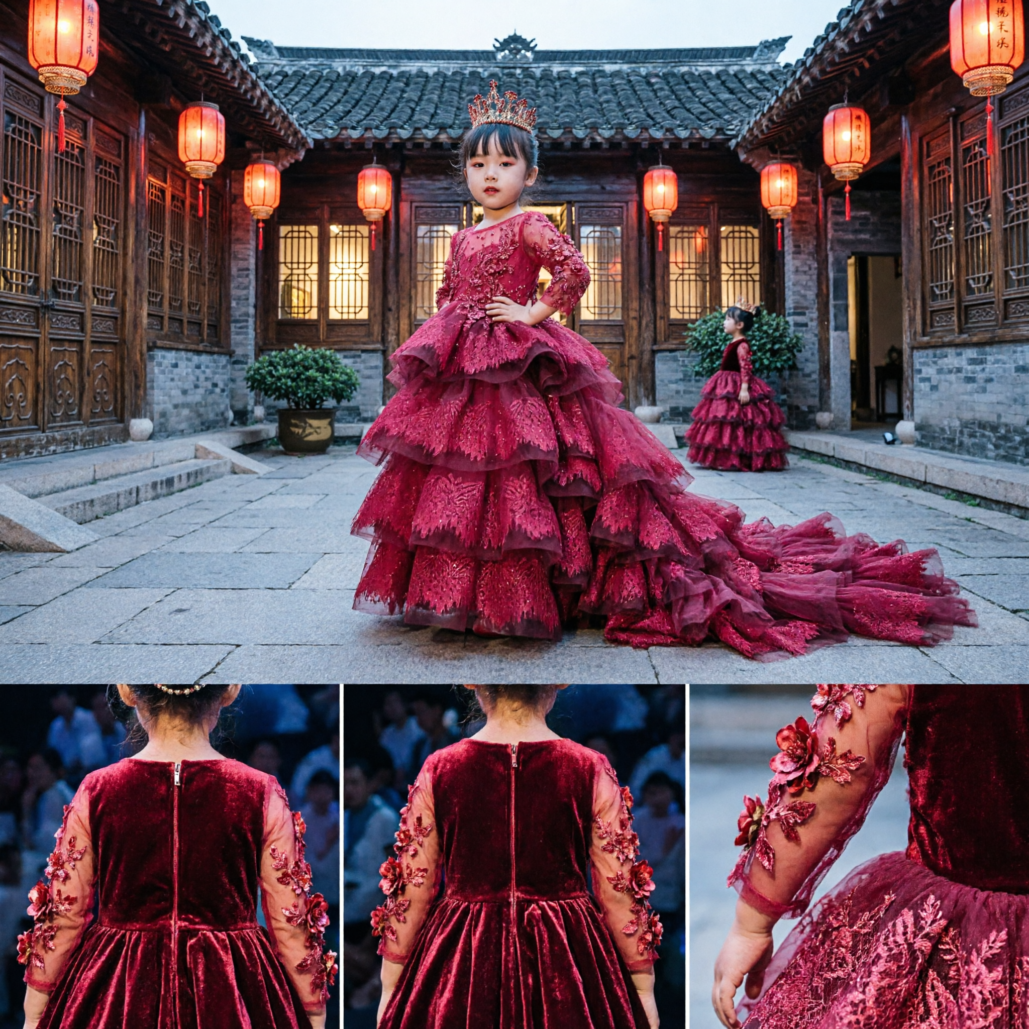 女の子用 レッド レース ボールガウン ロングトレーン ページェントドレス フォーマル ウェディング フラワーガール イブニングガウン - Asian Costume