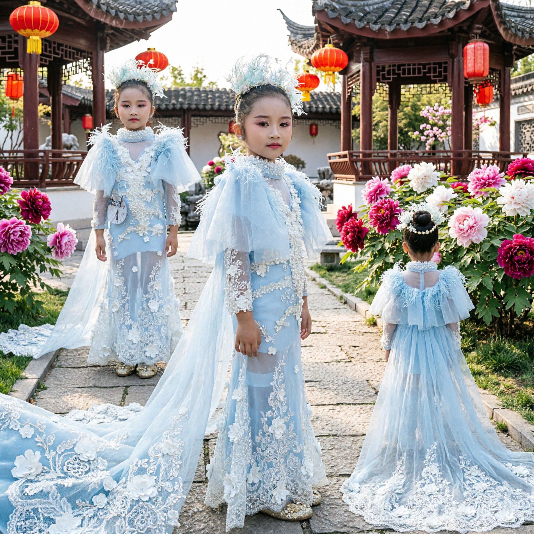 Elegante Lichtblauwe Kinderprinsessen Pageantjurk met Verencape en 3D Bloemenkant voor Bruiloften - Asian Costume