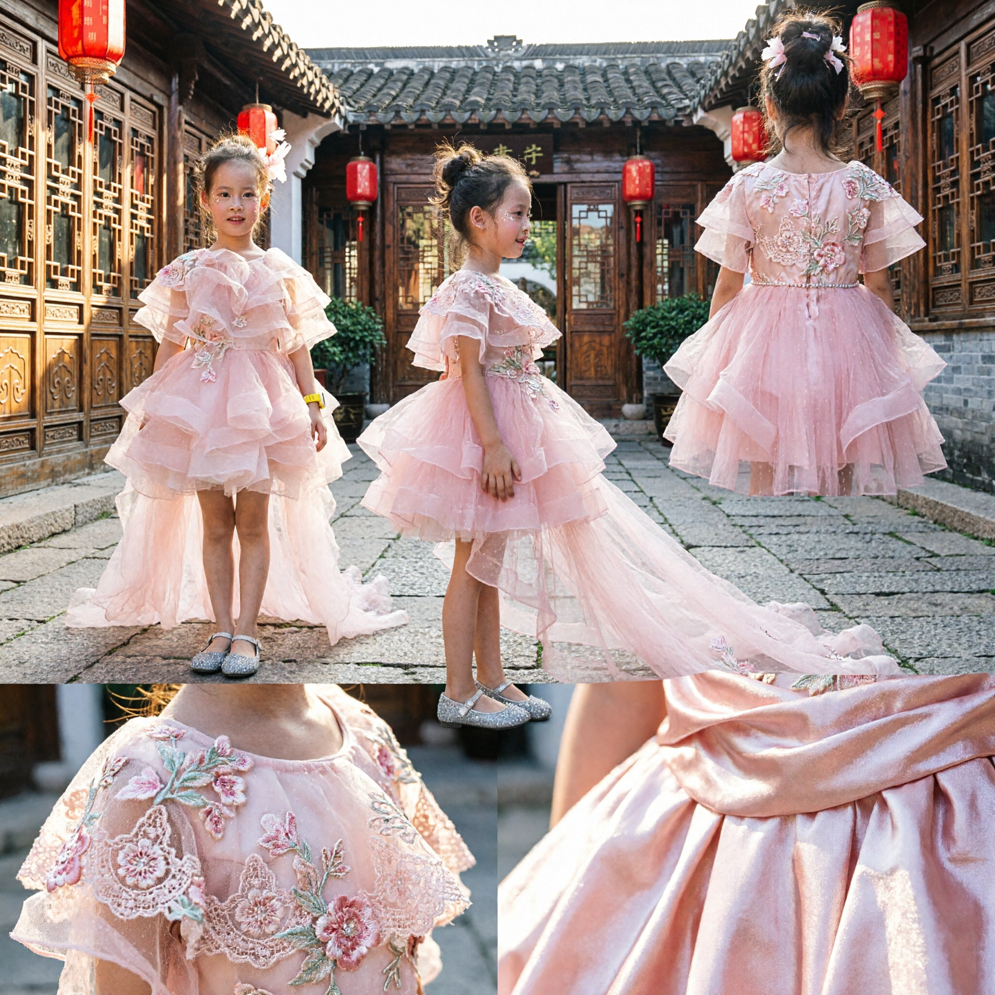 Robe de Princesse Rose à Volants Tulle asymétrique pour Défilé de Mode, Mariage ou Performance - Asian Costume
