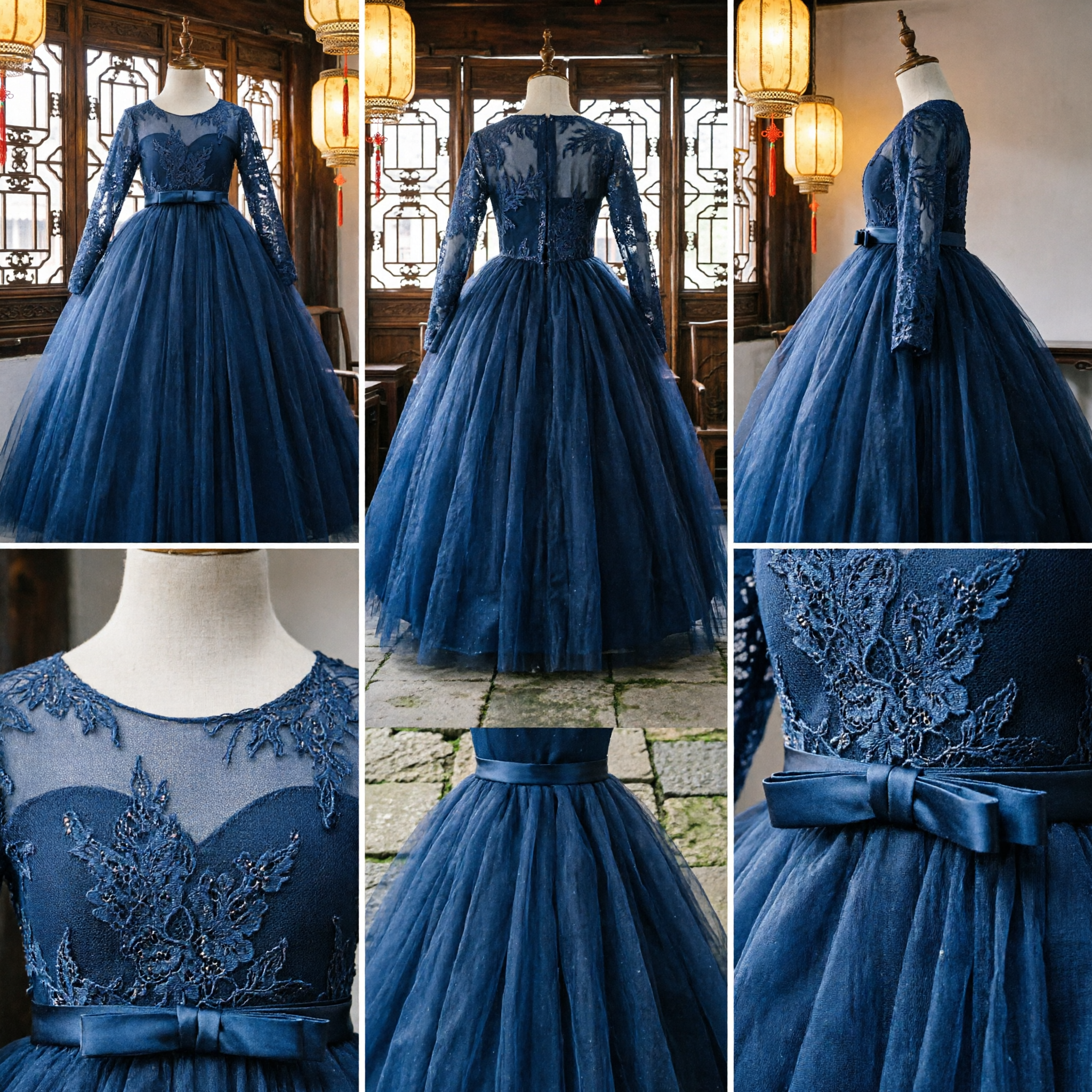Elegante Abito da Ballo Blu Marino a Maniche Lunghe con Corpetto in Pizzo e Gonna in Tulle per Matrimoni e Feste - Asian Costume