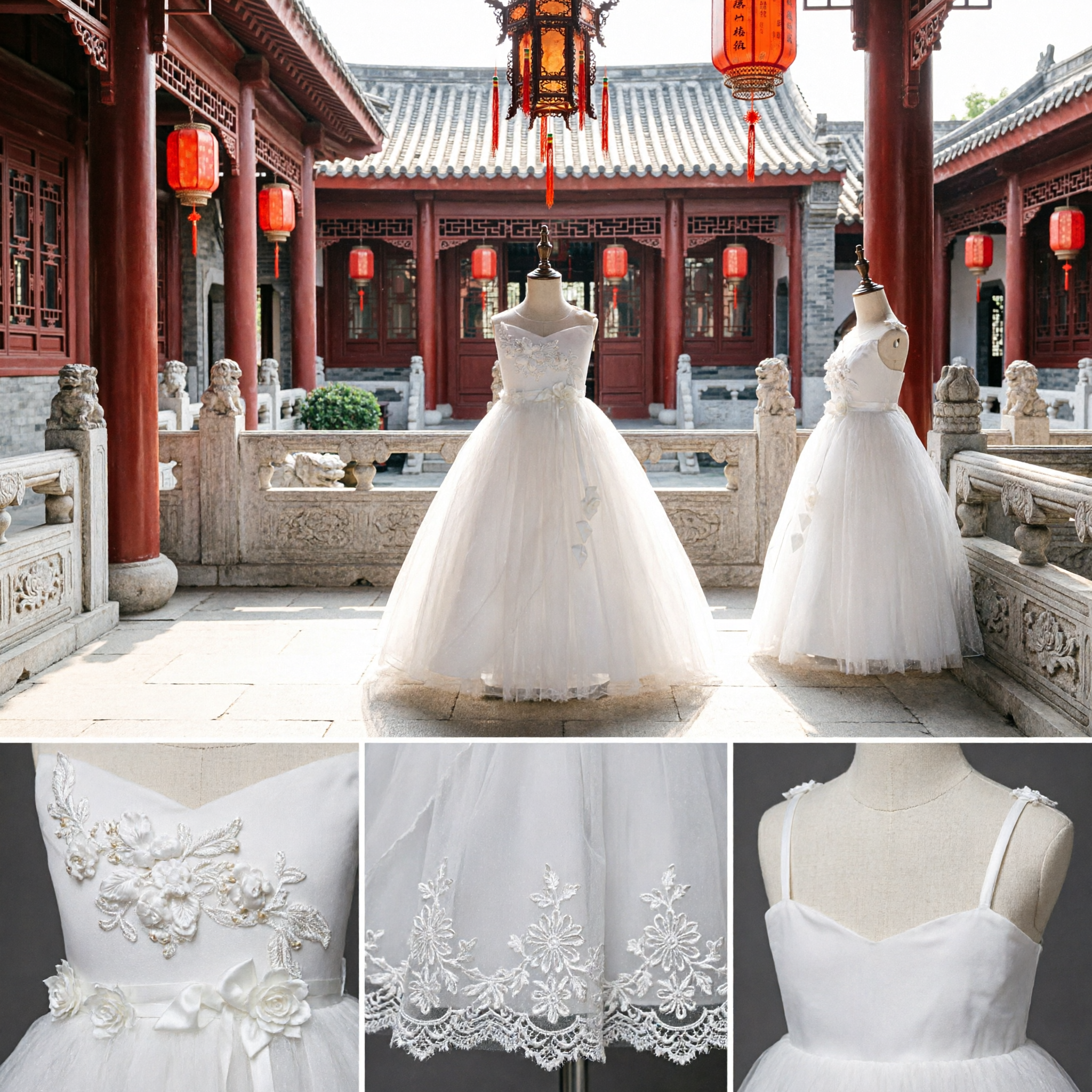 Elegante Witte Bloemenmeisjesjurk Lange Tule Baljurk met 3D Bloemenappliqué voor Bruiloft Eerste Communie - Asian Costume