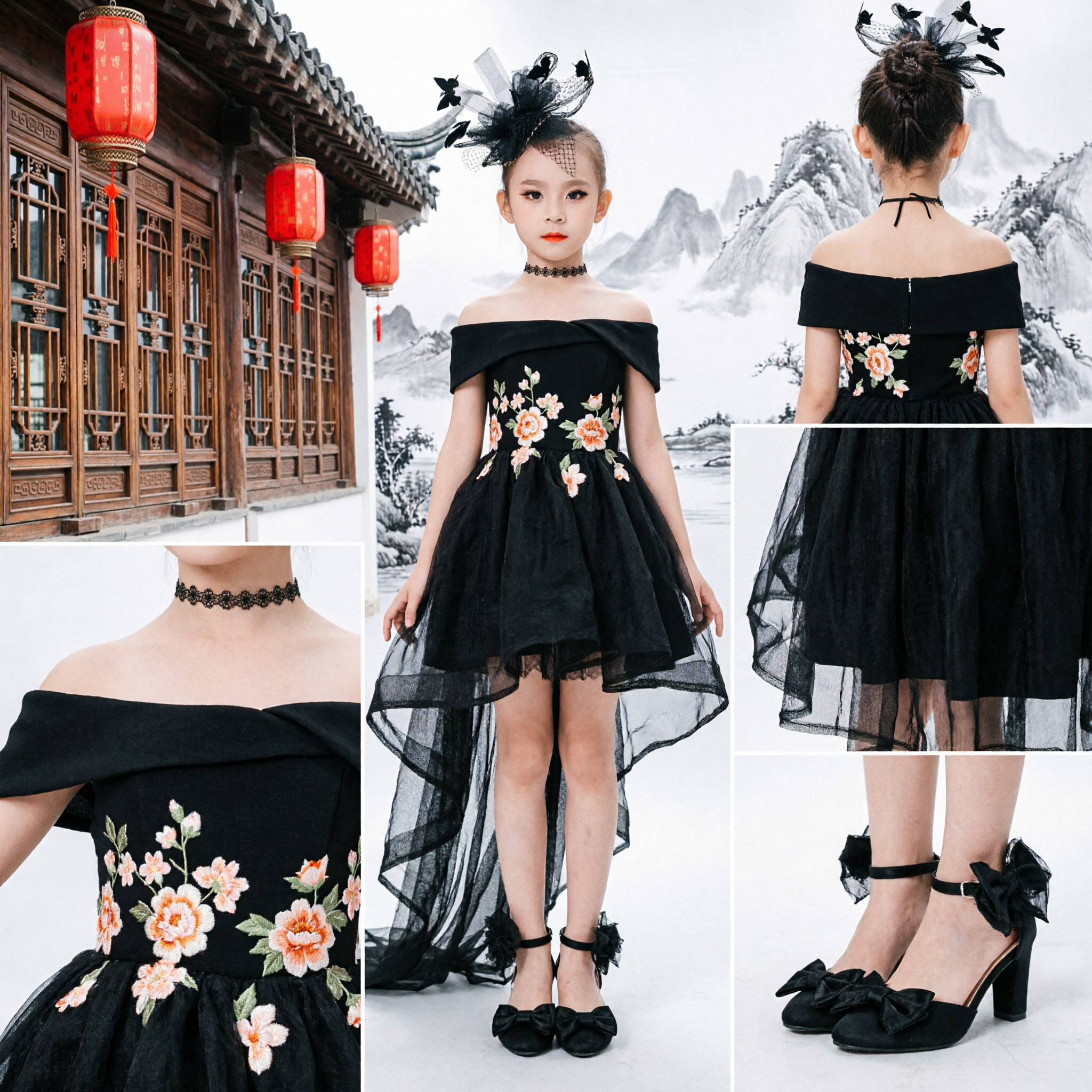 Elegancka Czarna Suknia w Stylu High-Low z Odkrytymi Ramionami dla Dziewczynek z Aplikacjami Kwiatowymi na Występy Sceniczne i Konkursy - Asian Costume