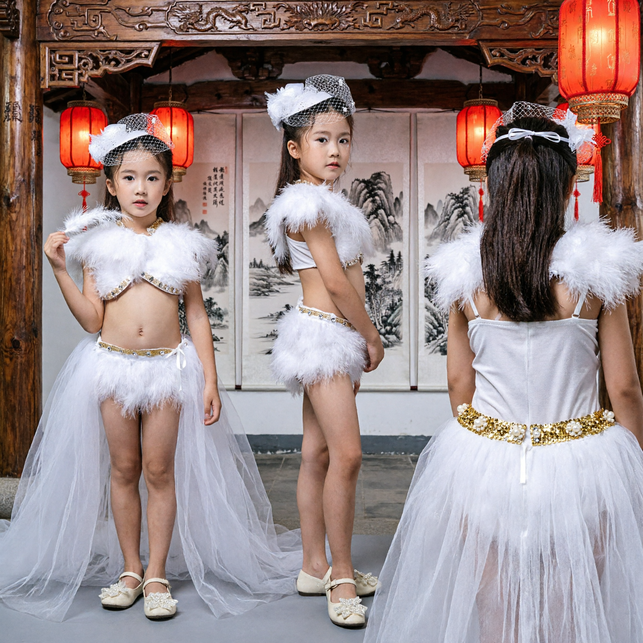 Mädchen Weißes Feder Schwan Tanzkostüm Kinder Bühnenauftritts Tutu Kleid Set mit Capelet und Hut - Asian Costume