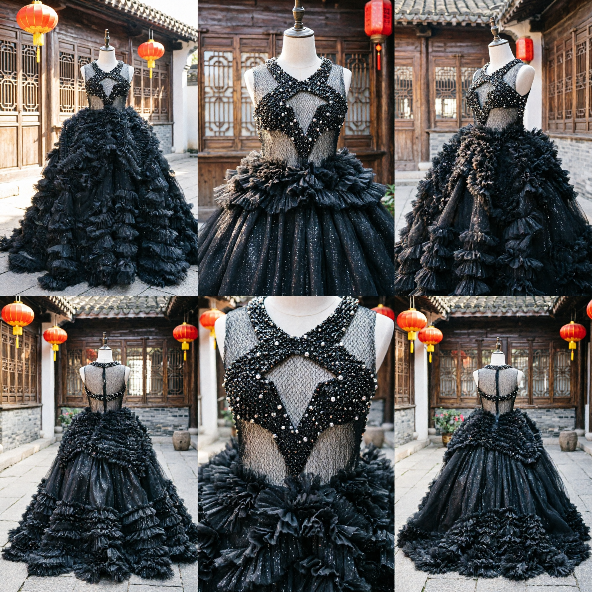 Elegante Zwarte Quinceañera Baljurk met Kralen Gaas Lijfje en Weelderige Gelaagde Ruffle Rok voor Formele Pageants - Asian Costume