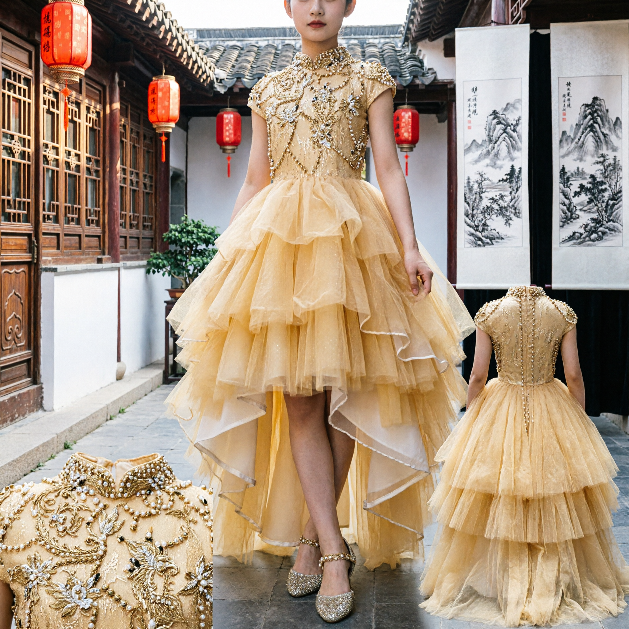 女の子用 ゴールデン スパンコール ハイロー ボールガウン ティアードチュールスカート ウェディングパーティー・舞台ショー用 - Asian Costume