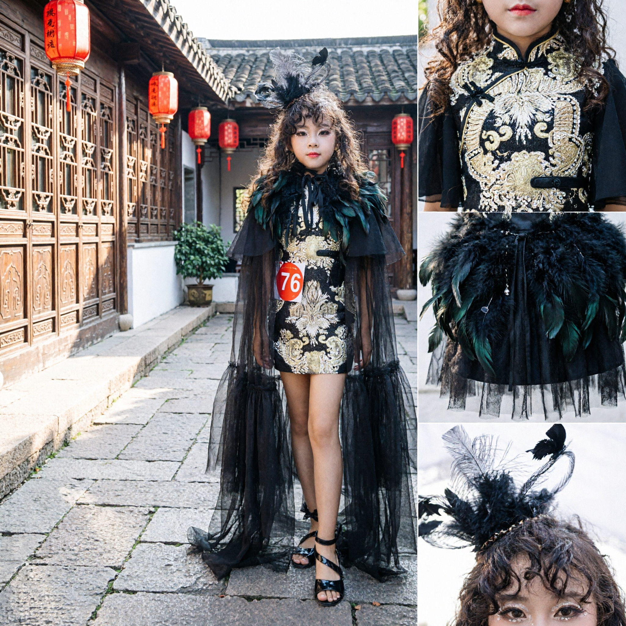 Vestido Cheongsam Gótico Preto e Dourado Feminino com Capa de Tule Transparente para Performance no Palco e Cosplay - Asian Costume