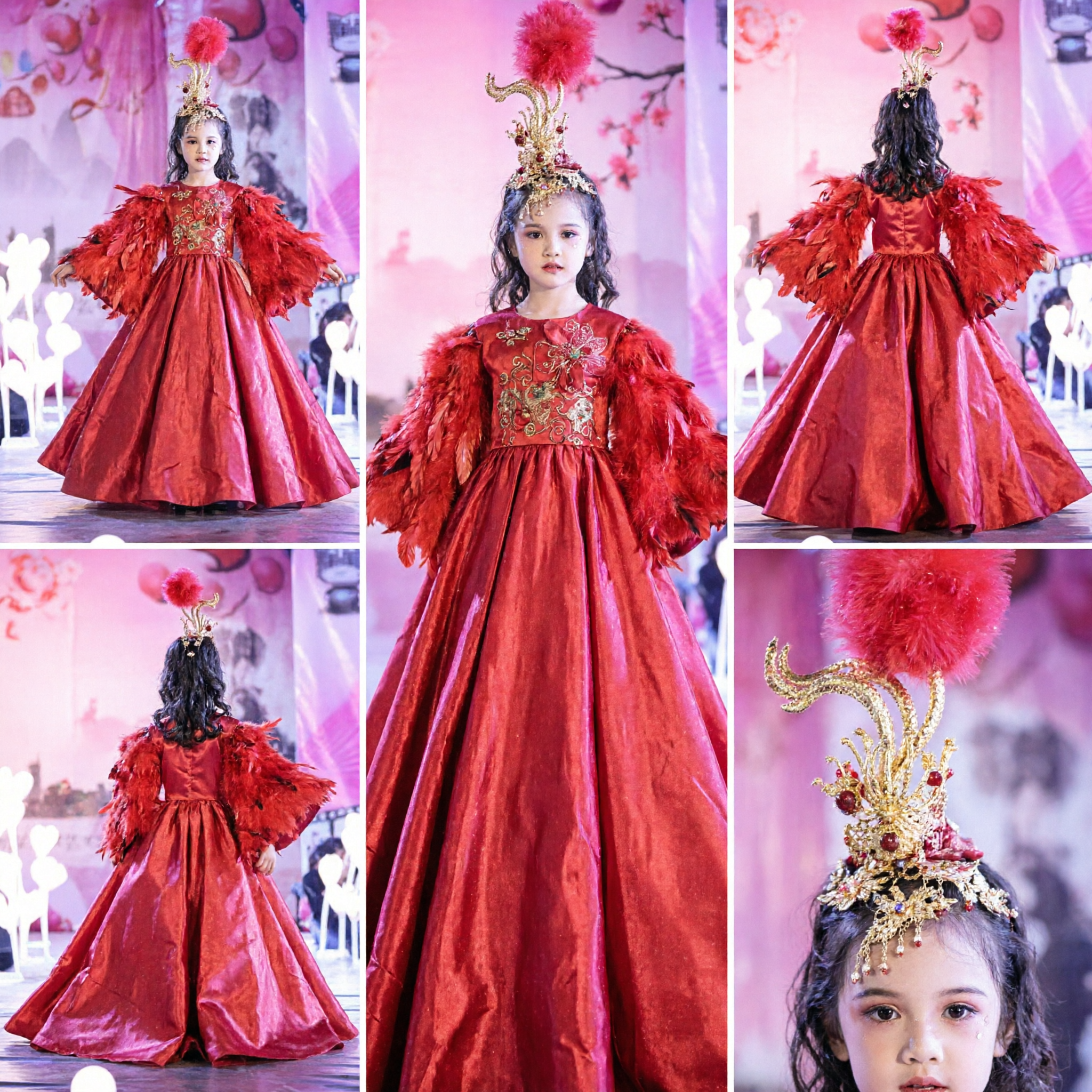 Costume de Scène Robe de Bal Rouge à Plumes pour Filles, Robe de Soirée pour Enfants avec Couronne Dorée - Asian Costume