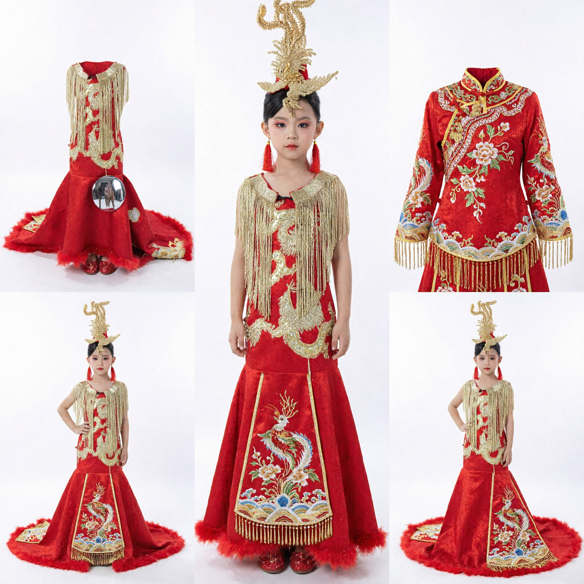 Kinderen Traditionele Chinese Podiumoptreden Jurken Rood Gouden Geborduurde Drakenjurk met Feniks Hoofdtooi voor Meisjes - Asian Costume