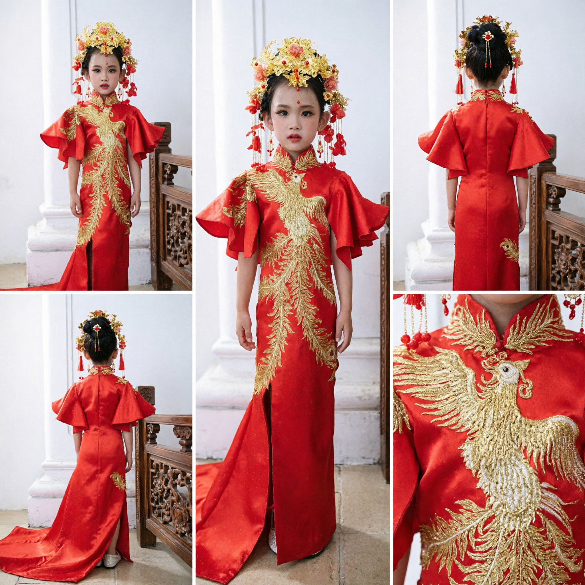 Kinder Traditionelles Chinesisches Hochzeitskleid Rot Phönix Qipao Blumenmädchen-Kleid mit Gold-Kopfschmuck für Zeremonie - Asian Costume