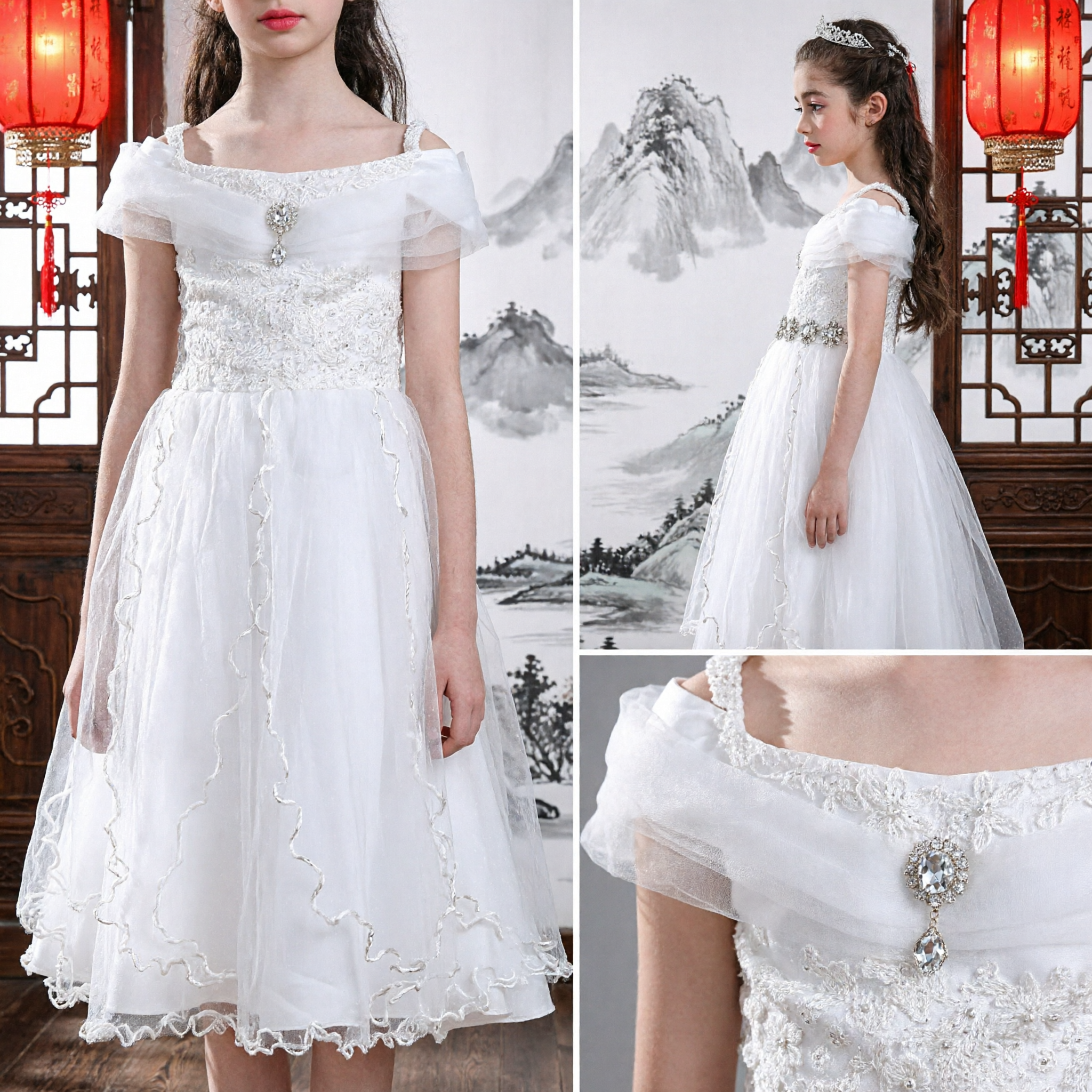 Elegante Abito per Prima Comunione Bianco per Bambine, Corpetto in Pizzo Scollato, Abito da Damigella in Tulle per Feste - Asian Costume
