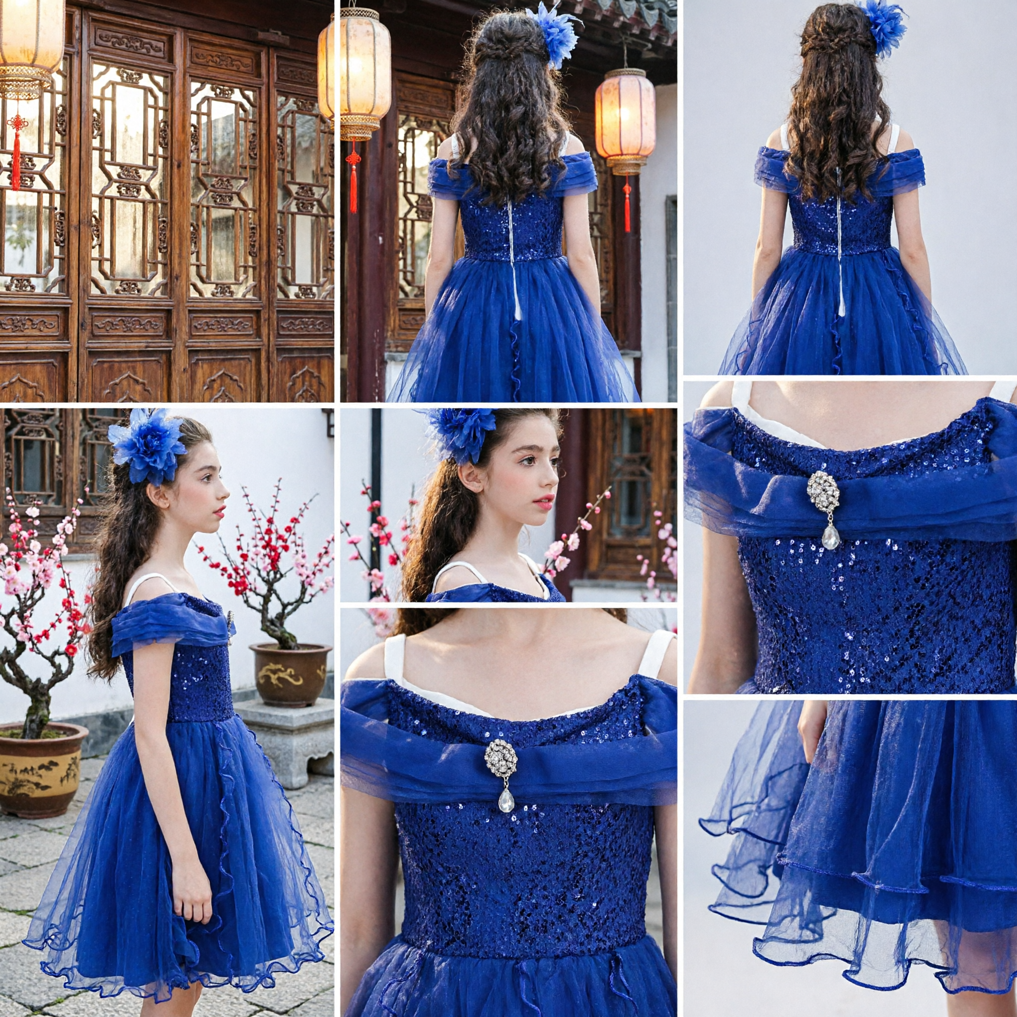 Koningsblauwe Off-Shoulder Pailletten Prinsessenjurk met Geruilde Tule Rok voor Meisjes Bruiloftsfeest - Asian Costume