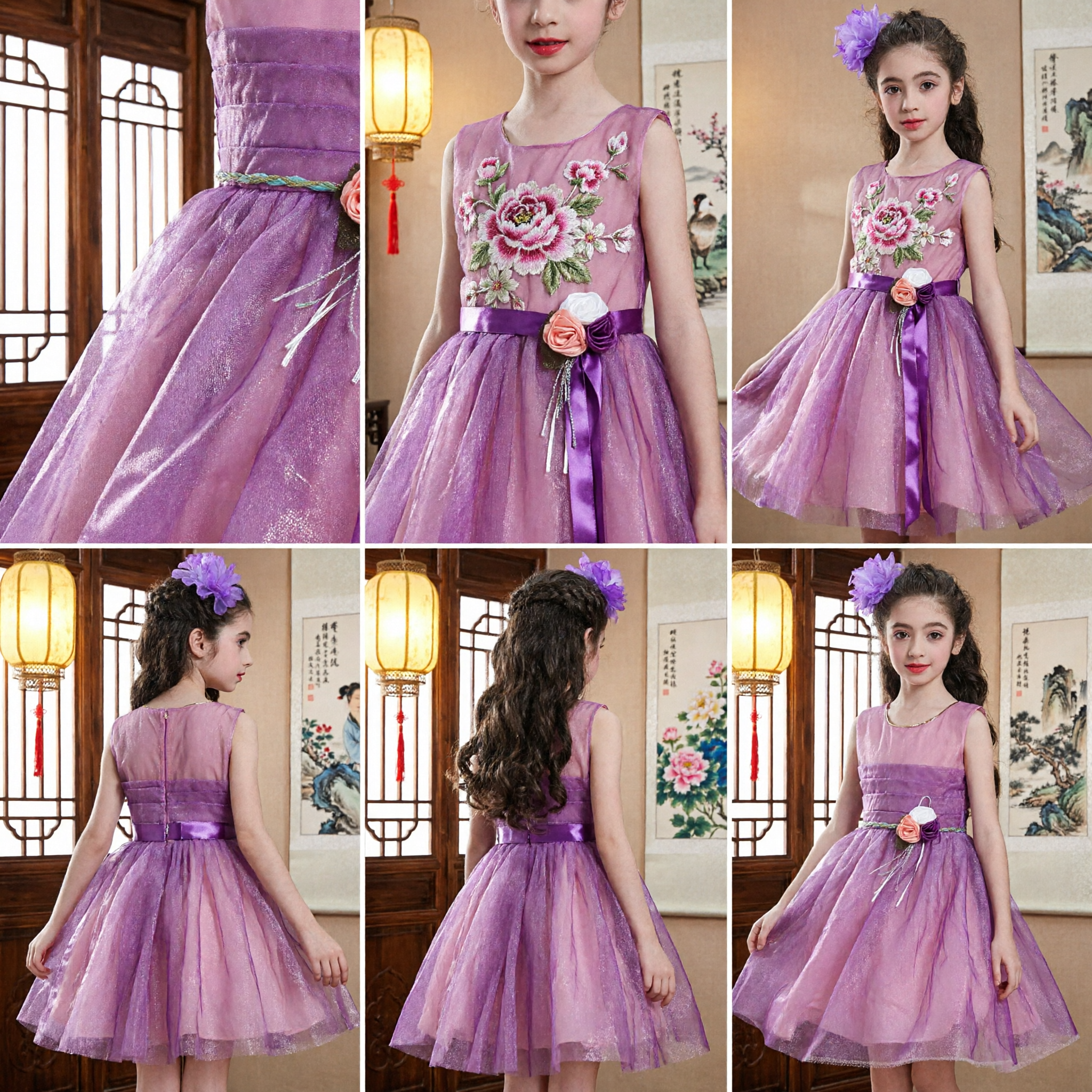 Abito Cheongsam Senza Maniche per Bambine in Sfumatura Viola e Rosa, Stile Cinese Moderno con Gonna in Tulle, Costume per Feste e Spettacoli - Asian Costume