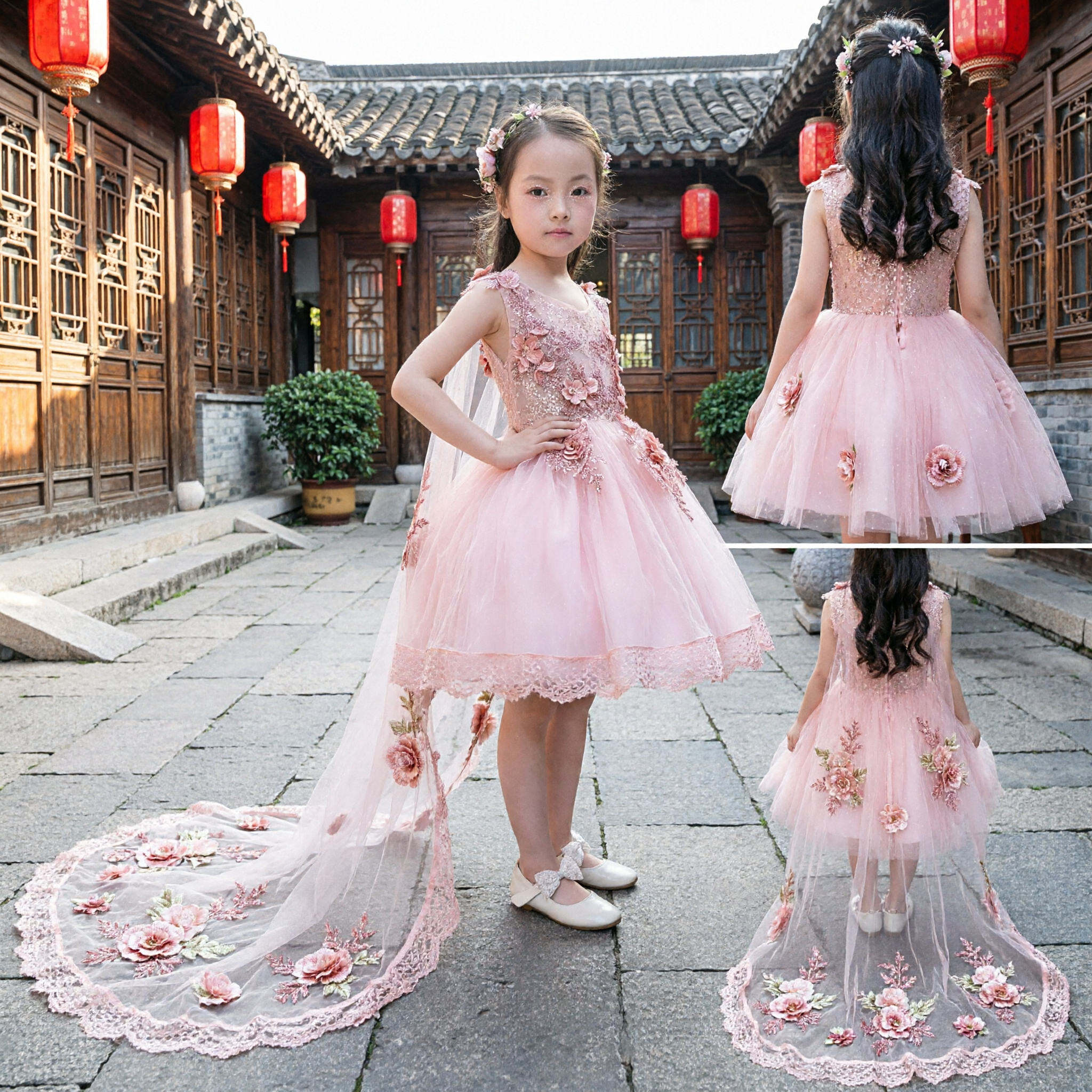 Elegant Pink Flower Girl Dress with 3D Floral Applique and Tulle Train for Kids Wedding Party - Asian Costume